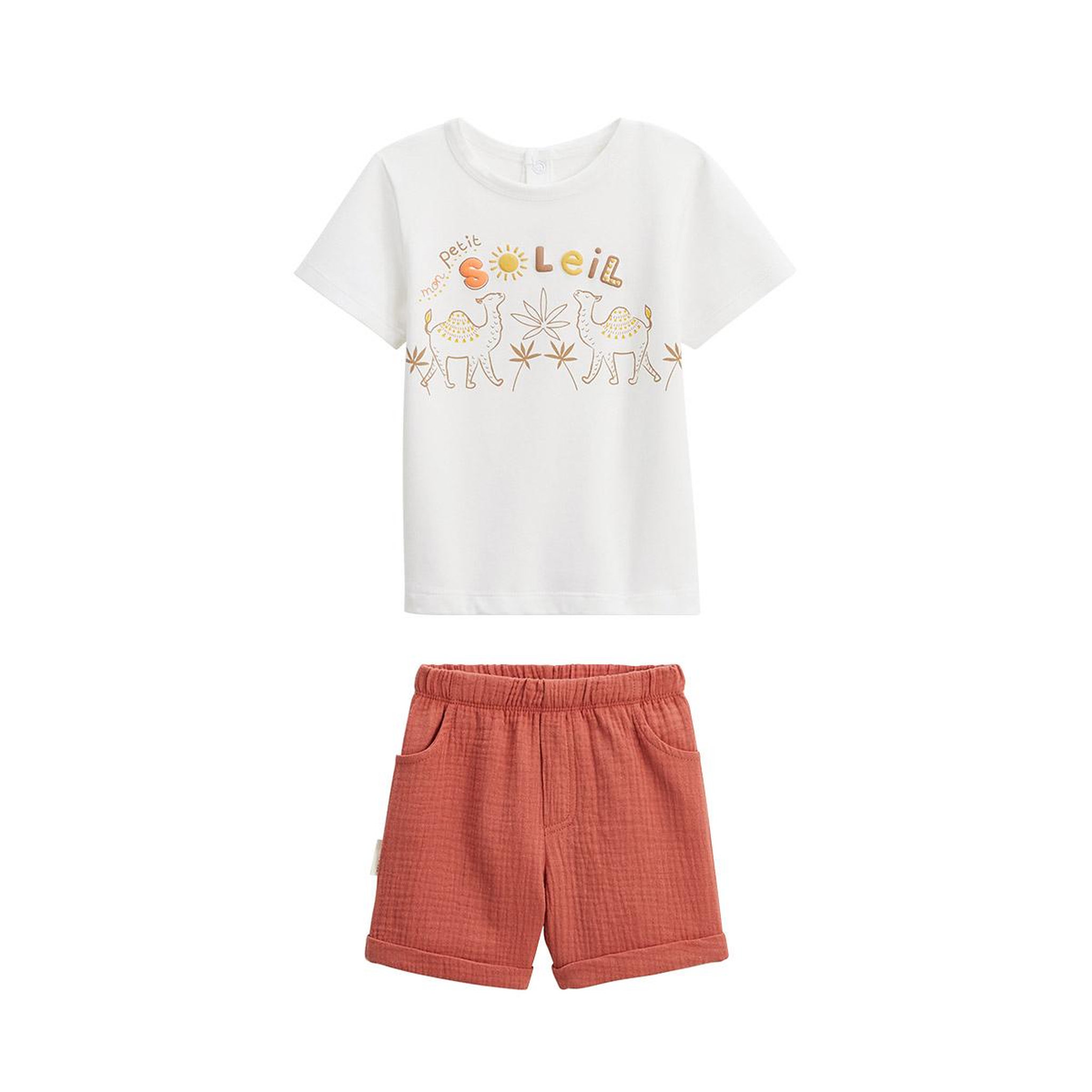 Petit Béguin Ensemble enfant t-shirt et short en gaze de coton liwa. Coloris disponibles : Beige