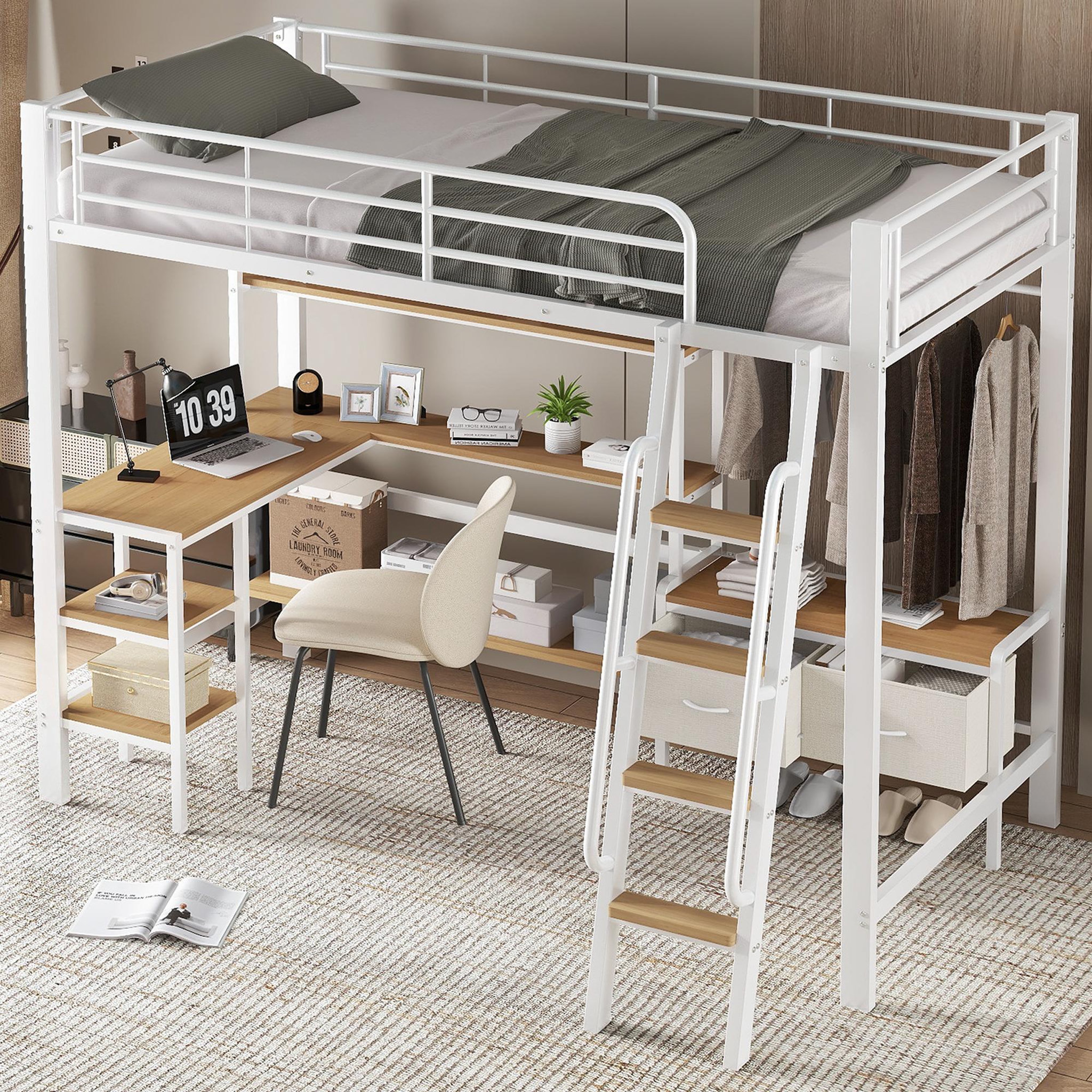 Voir la diapositive 4 : MERAX Lit mezzanine 90x200 cm avec bureau rangement étagère et échelle inclinée en métal blanc