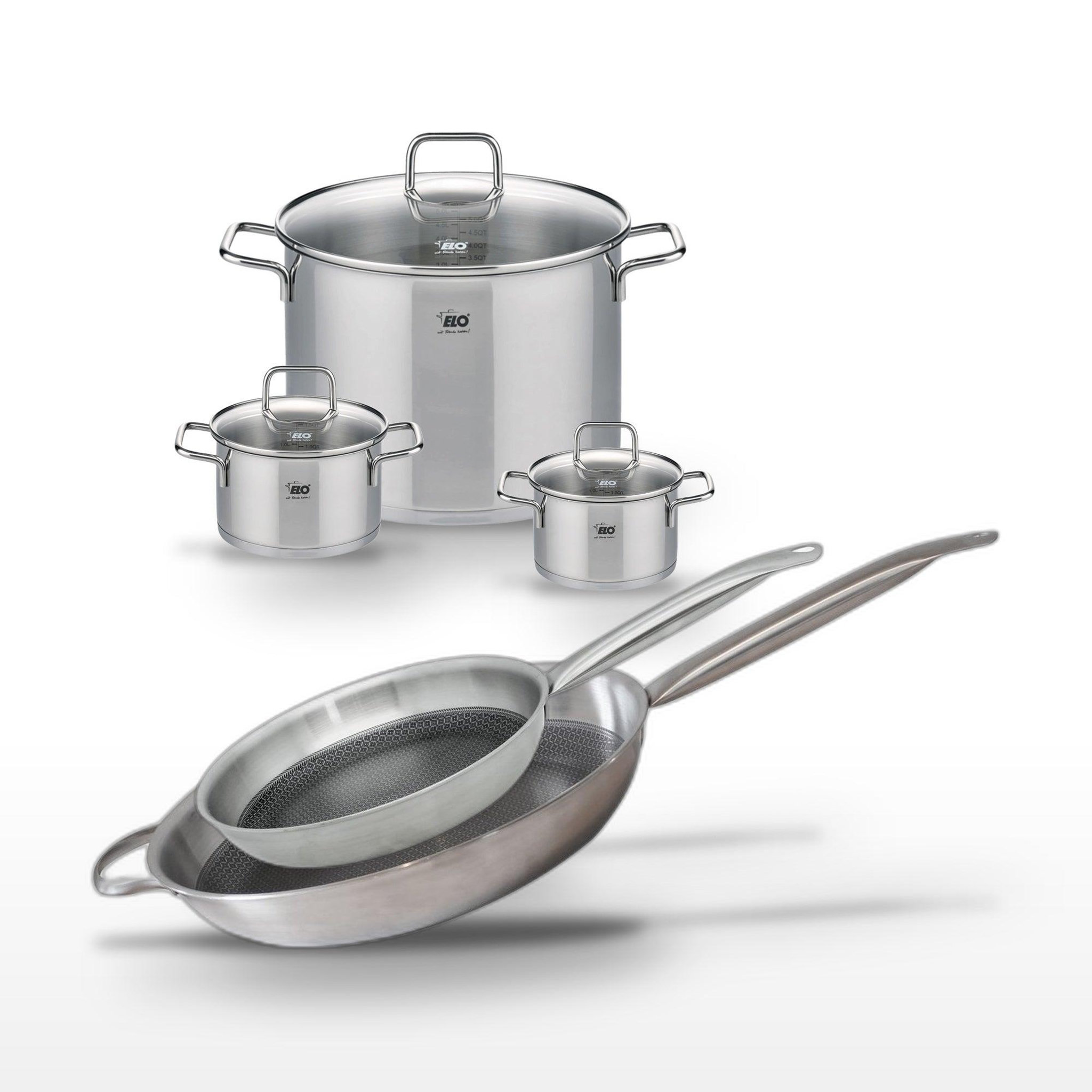ELO Batterie de cuisine avec 2 poêles 28/32 cm et 3 faitouts 14/16/26 cm en inox et verre sans pfas elo collection relief solution citrin