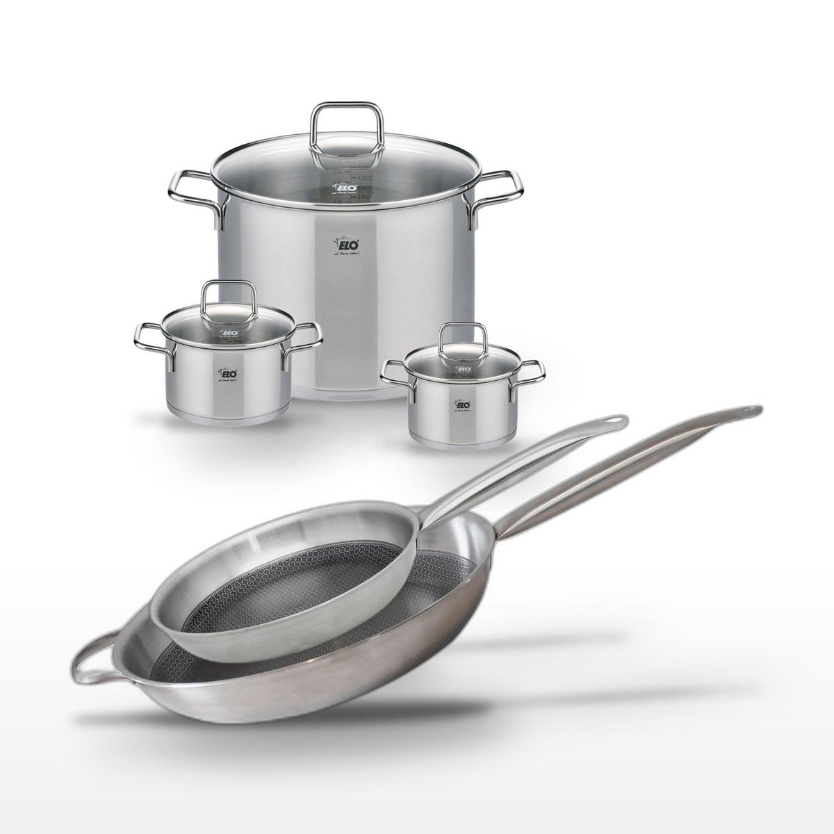 ELO Batterie de cuisine avec 2 poêles 28/32 cm et 3 faitouts 14/16/26 cm en inox et verre sans PFAS Elo Collection Relief Solution Citrin