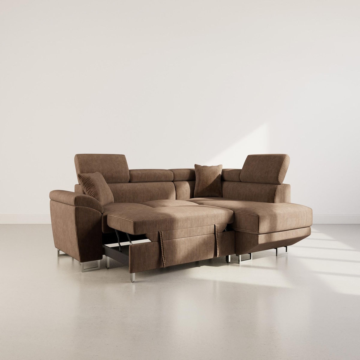 BEST MOBILIER Baoji - canapé d'angle droit 5 places convertible avec têtières et coffre en velours côtelé