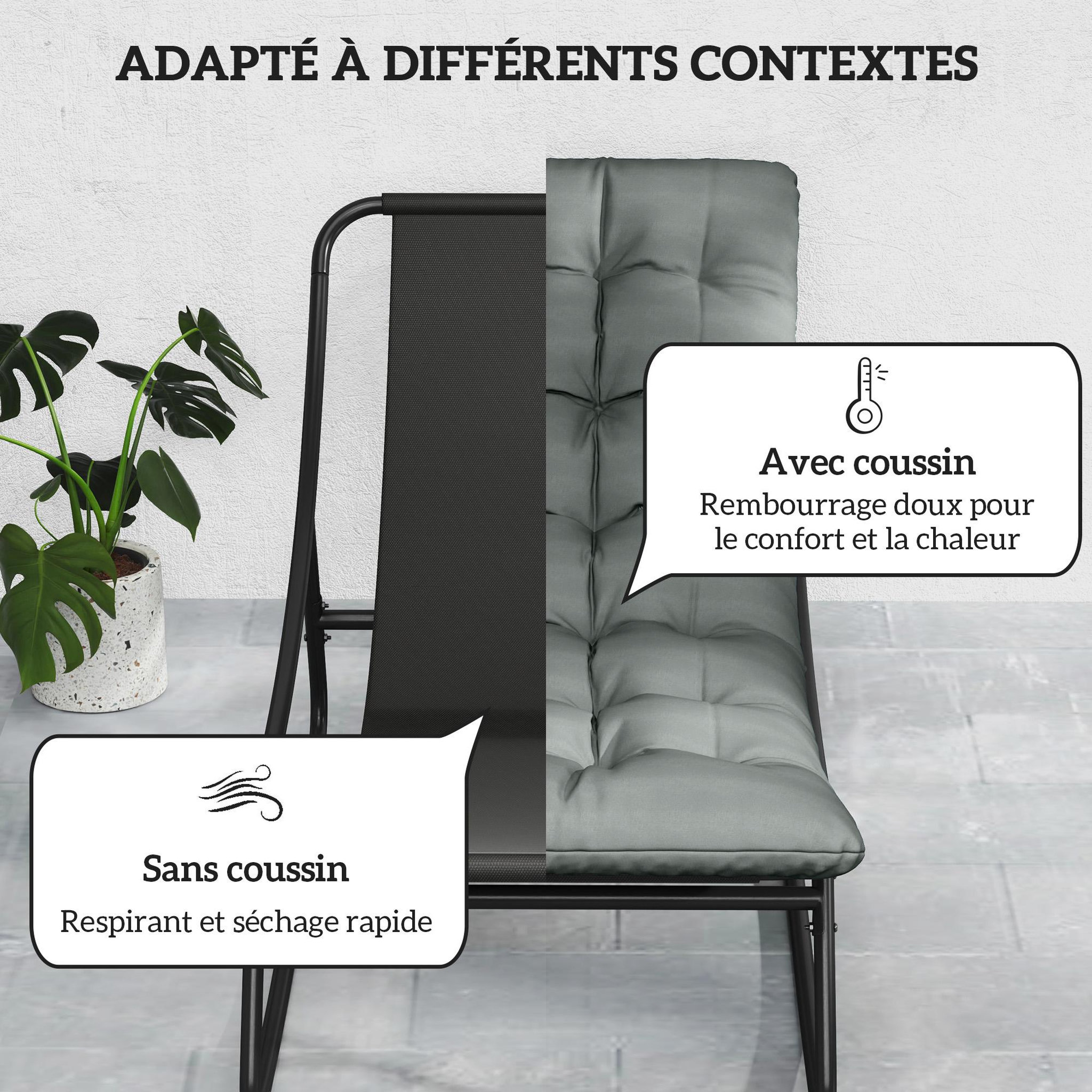 Voir la diapositive 6 : OUTSUNNY Lot de 2 fauteuils à bascule de jardin avec matelas style Chesterfield acier noir tissu gris