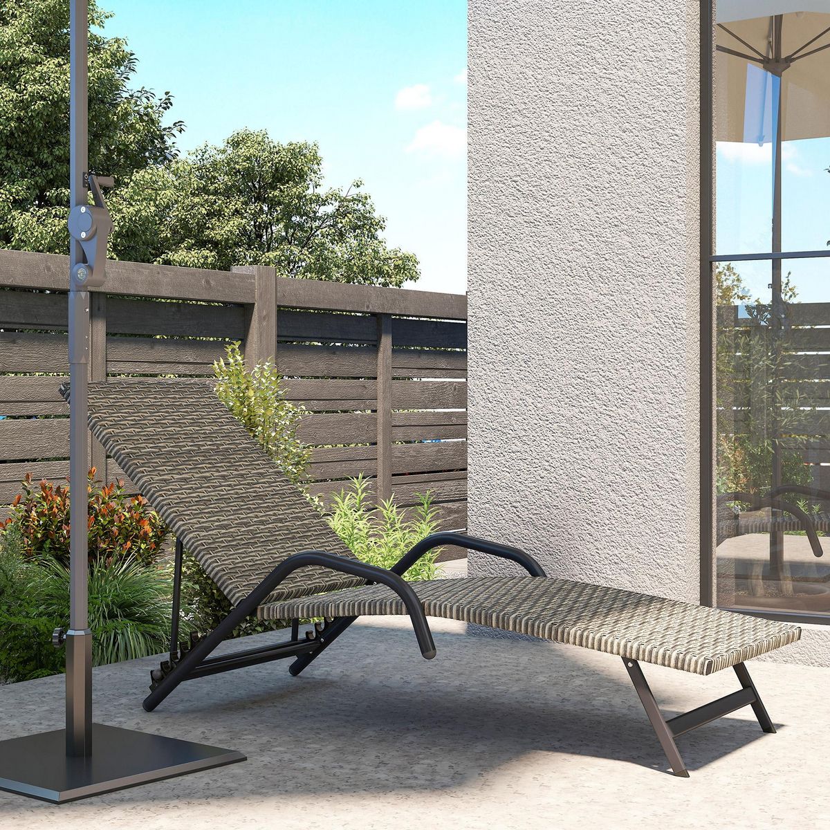 OUTSUNNY Bain de soleil inclinable réglable en résine tressée beige brun accoudoirs structure noir