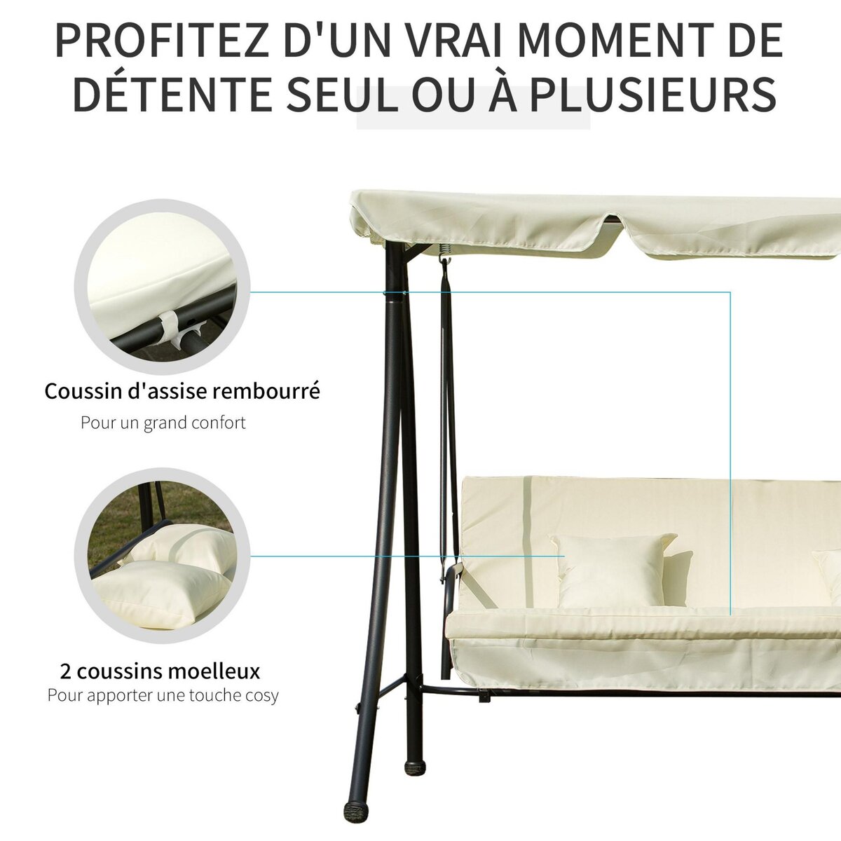 OUTSUNNY Balancelle de jardin convertible 3 places grand confort inclinaison toit réglable matelas et coussins fournis 2L x 1,25l x 1,7H m métal polyester noir et crème