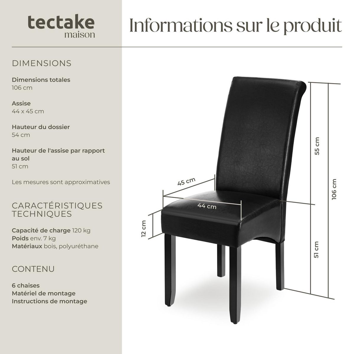 tectake Chaise de salle à manger avec revêtement en cuir synthétique noir Lot de 6