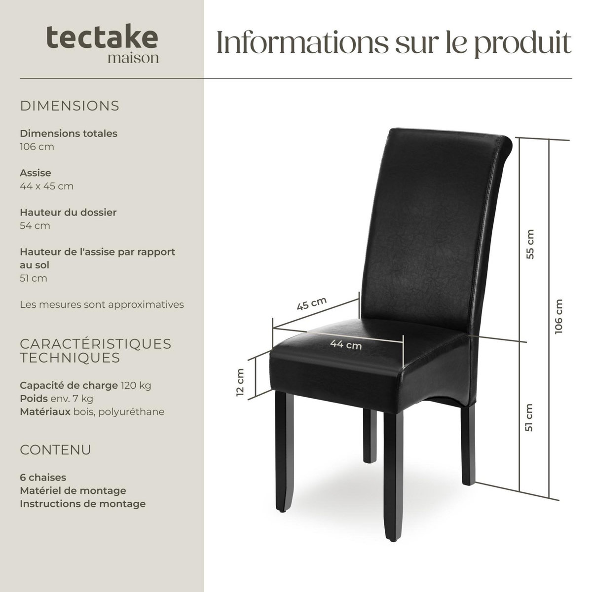 tectake Chaise de salle à manger avec revêtement en cuir synthétique noir Lot de 6