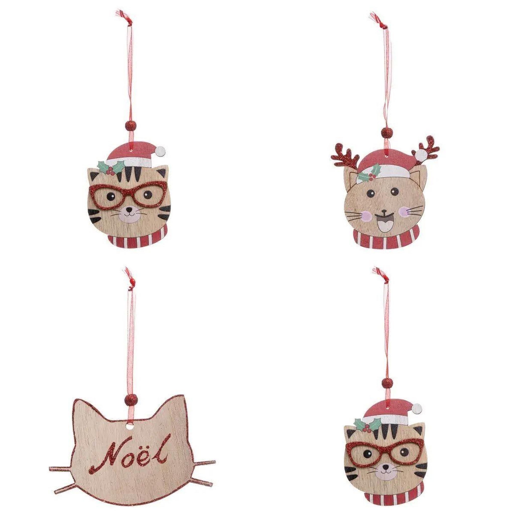 ATMOSPHERA Lot de 4 sujets de noël  chat  12cm beige & rouge