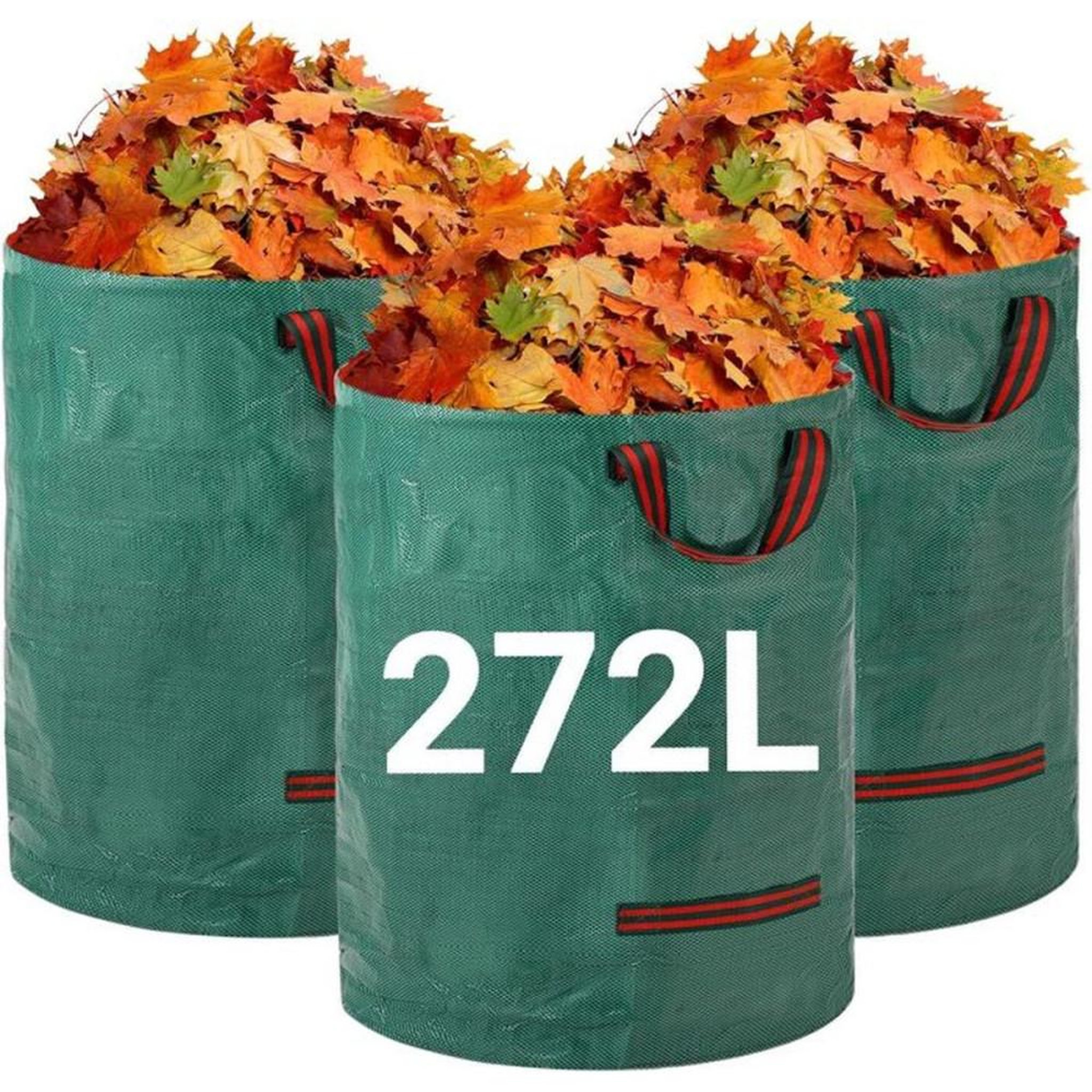 Sacs à déchets verts 272 L lot de 3, polypropylène indéchirable hydrofuge, 4 poignées, coloris vert avec renforts rayés rouge/noir, forme cylindrique 67 x 76 cm