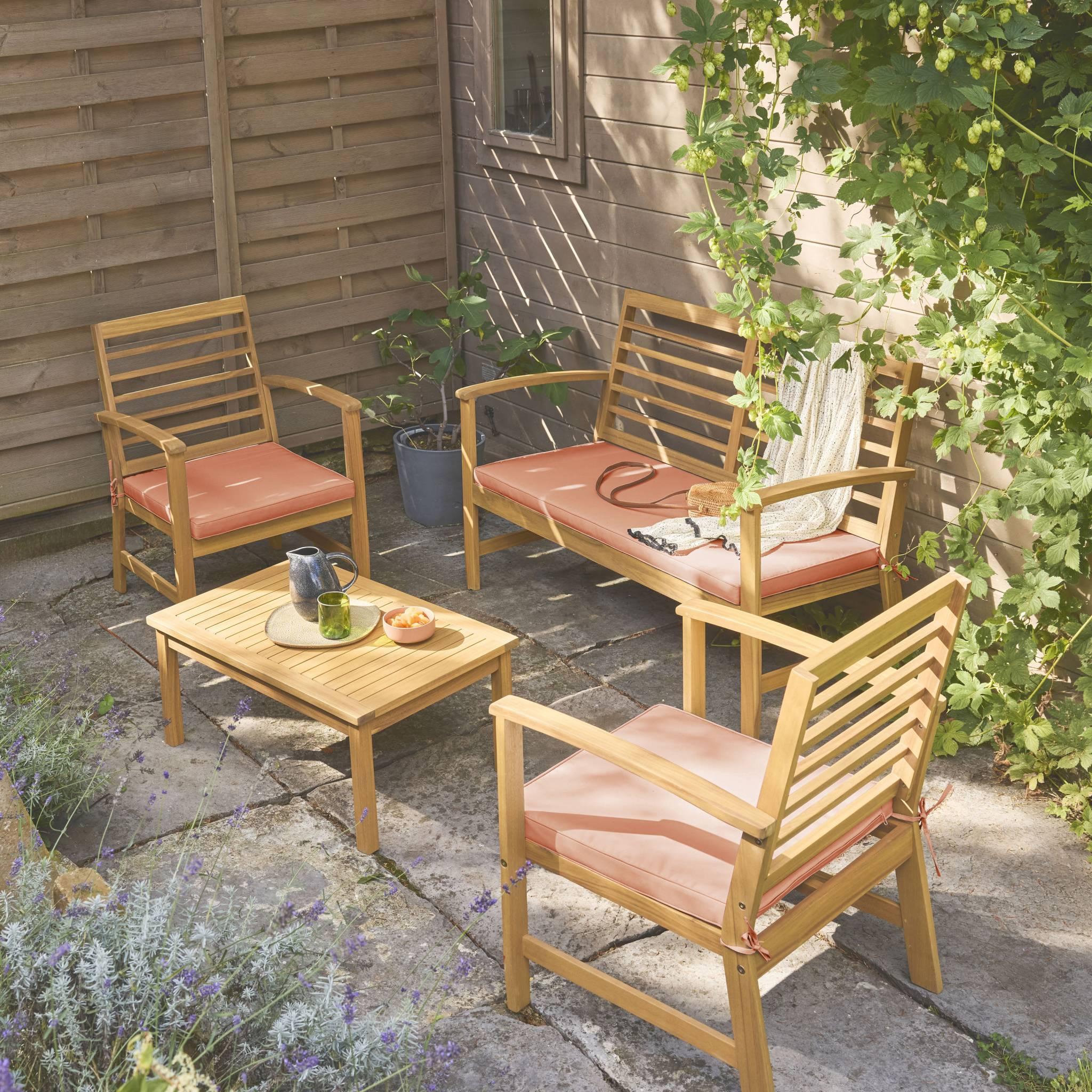 Voir la diapositive 3 : SWEEEK Salon de jardin CHLOE en bois d'acacia 4 places, avec coussins en polyester, un canapé, une table, deux fauteuils