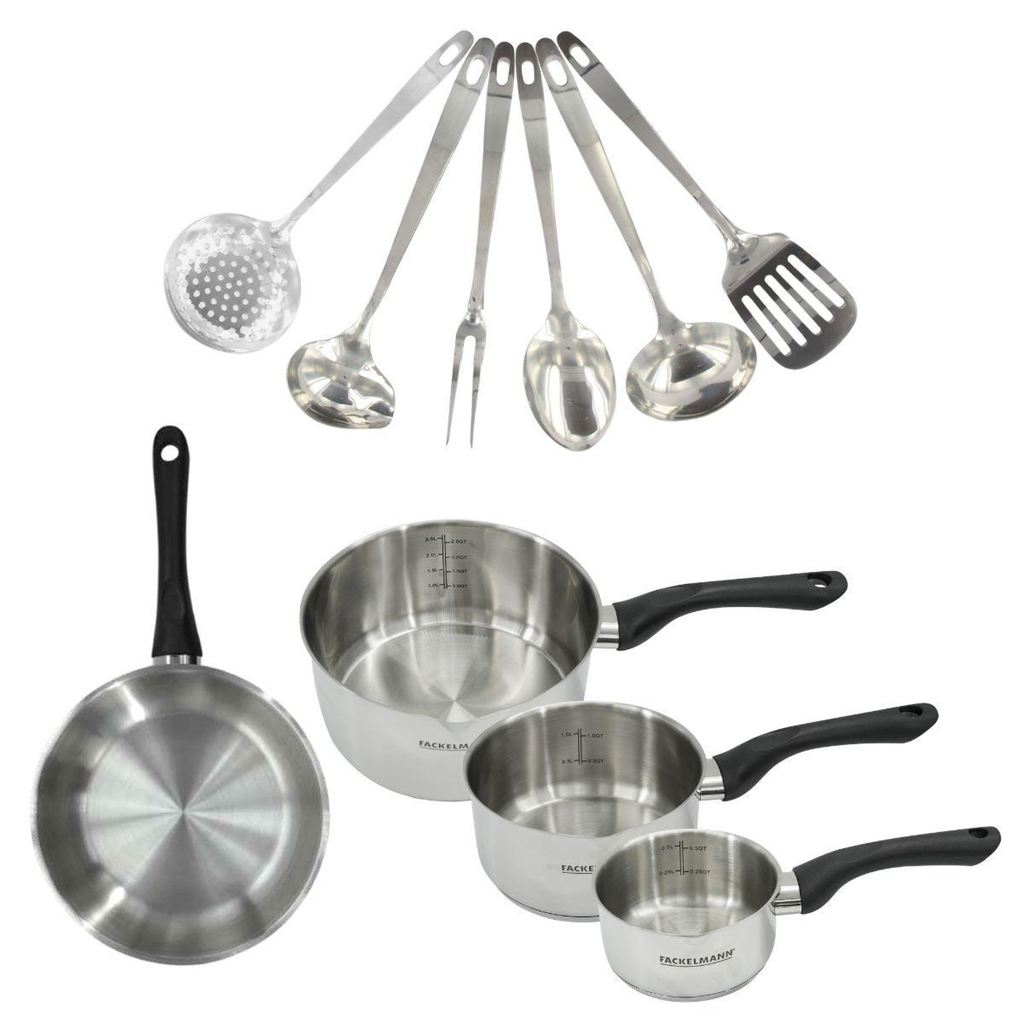 Fackelmann Set 1 poêle 20 cm, 3 casseroles en inox et 6 ustensiles inox fackelmann geneva