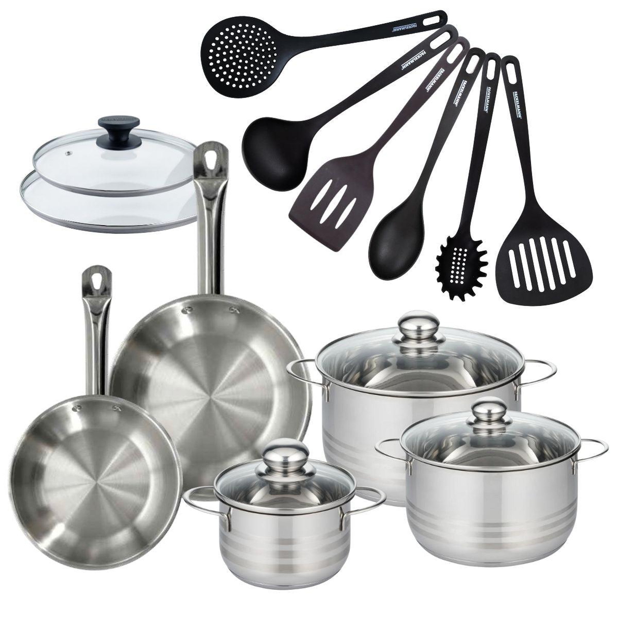 Fackelmann Batterie de cuisine 2 poêles 20/24 cm et couvercles, 3 faitouts 16/20/24 cm et 6 ustensiles fackelmann eterna