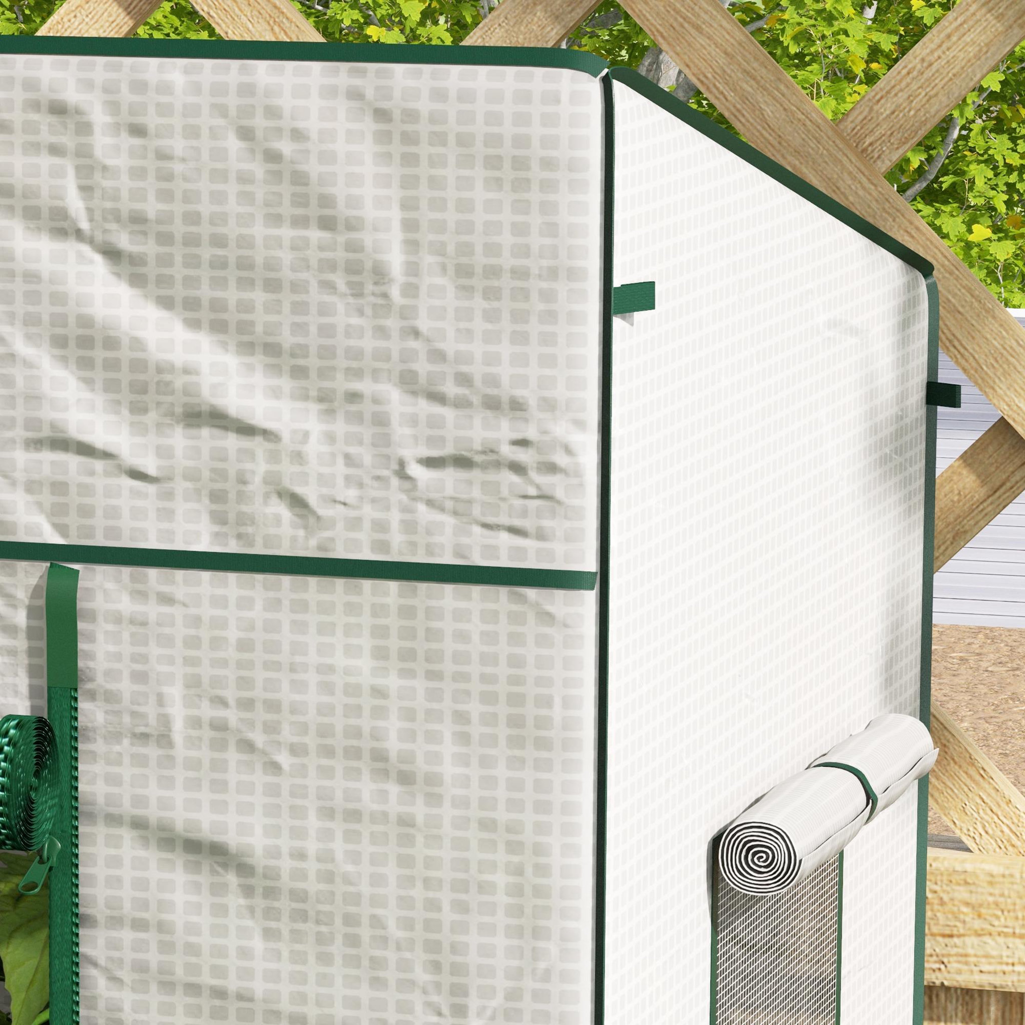 Voir la diapositive 3 : OUTSUNNY Serre de jardin murale serre adossée porte enroulable bâche pe renforcée 2 fenêtres 196l x 77l x 197/178h cm