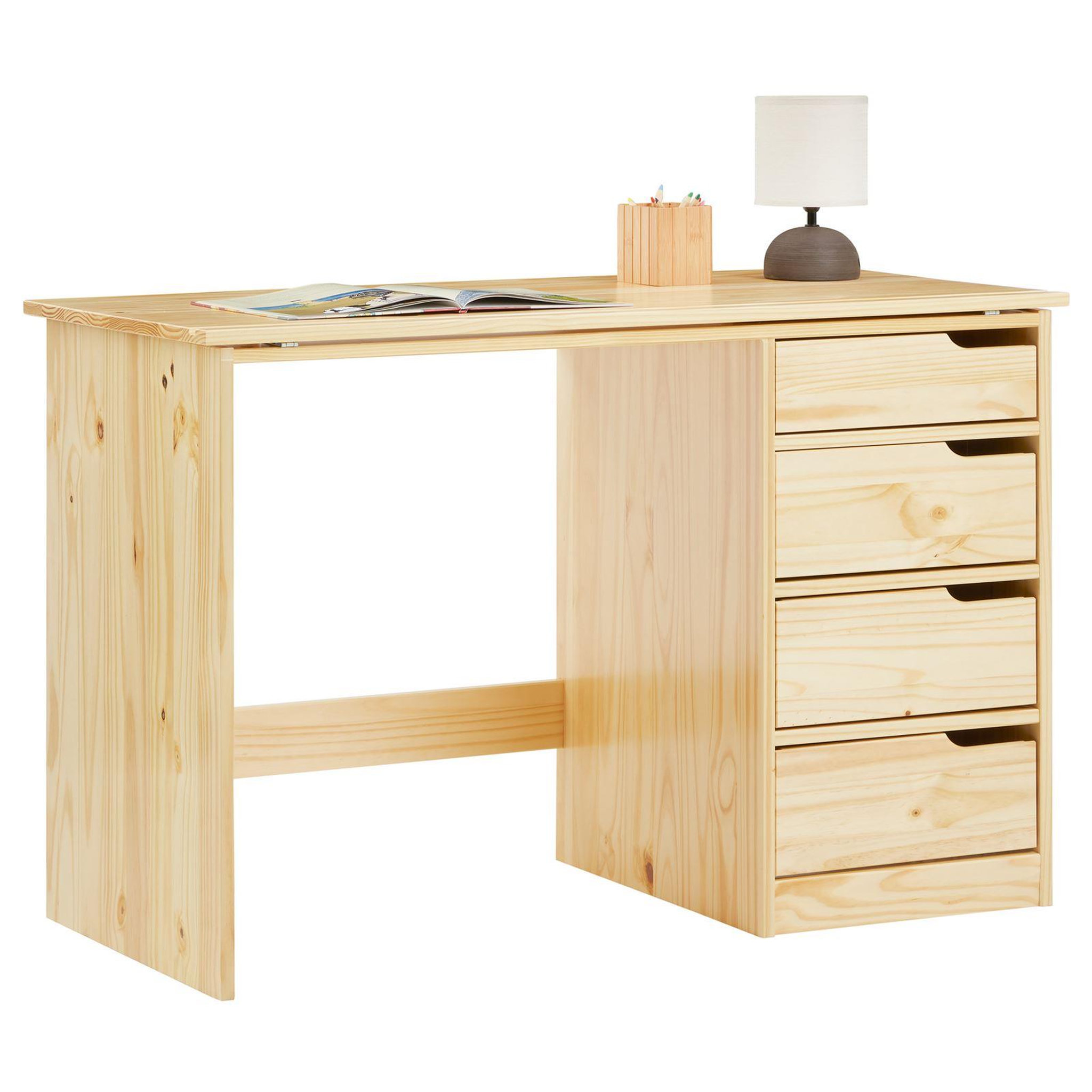 Voir la diapositive 1 : IDIMEX Bureau enfant EMMA, en pin massif, 4 tiroirs et plateau inclinable