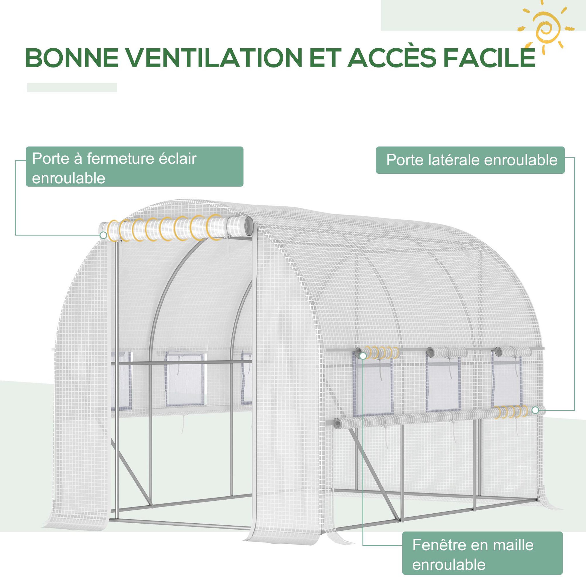 Voir la diapositive 3 : OUTSUNNY Serre de jardin tunnel 6 m² 6 fenêtres porte zippée acier galvanisé pe blanc