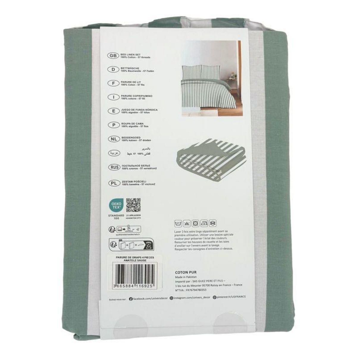 COTON PUR Parure de draps 4 pièces pour lit 160 x 200 cm  Grande largeur  Anatole sauge