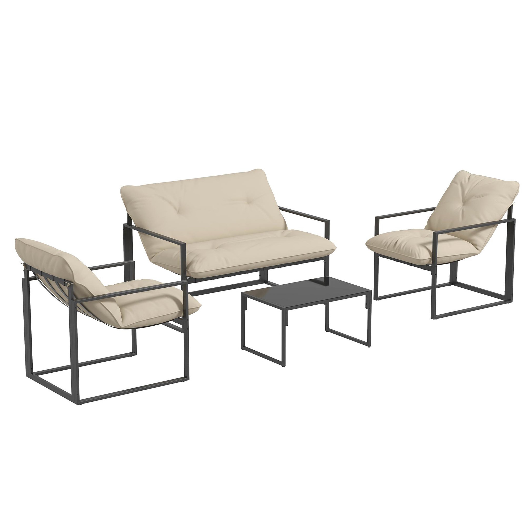 OUTSUNNY Salon de jardin 4 personnes - 4 pièces, 3 coussins - acier époxy noir polyester beige