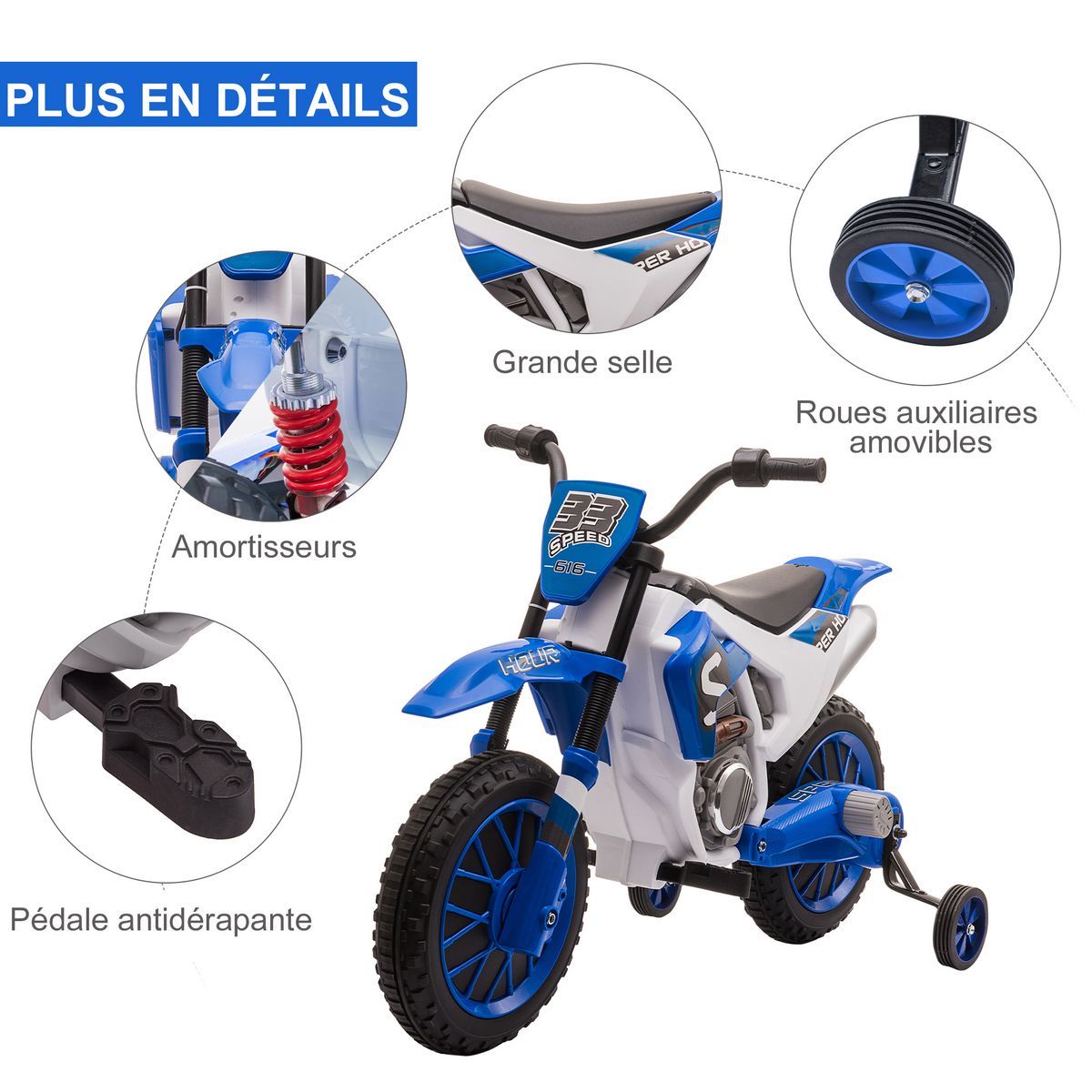 HOMCOM Moto cross électrique enfant 3 à 5 ans 12 V 3-8 Km/h  avec roulettes latérales amovibles dim. 106,5L x 51,5l x 68H cm bleu
