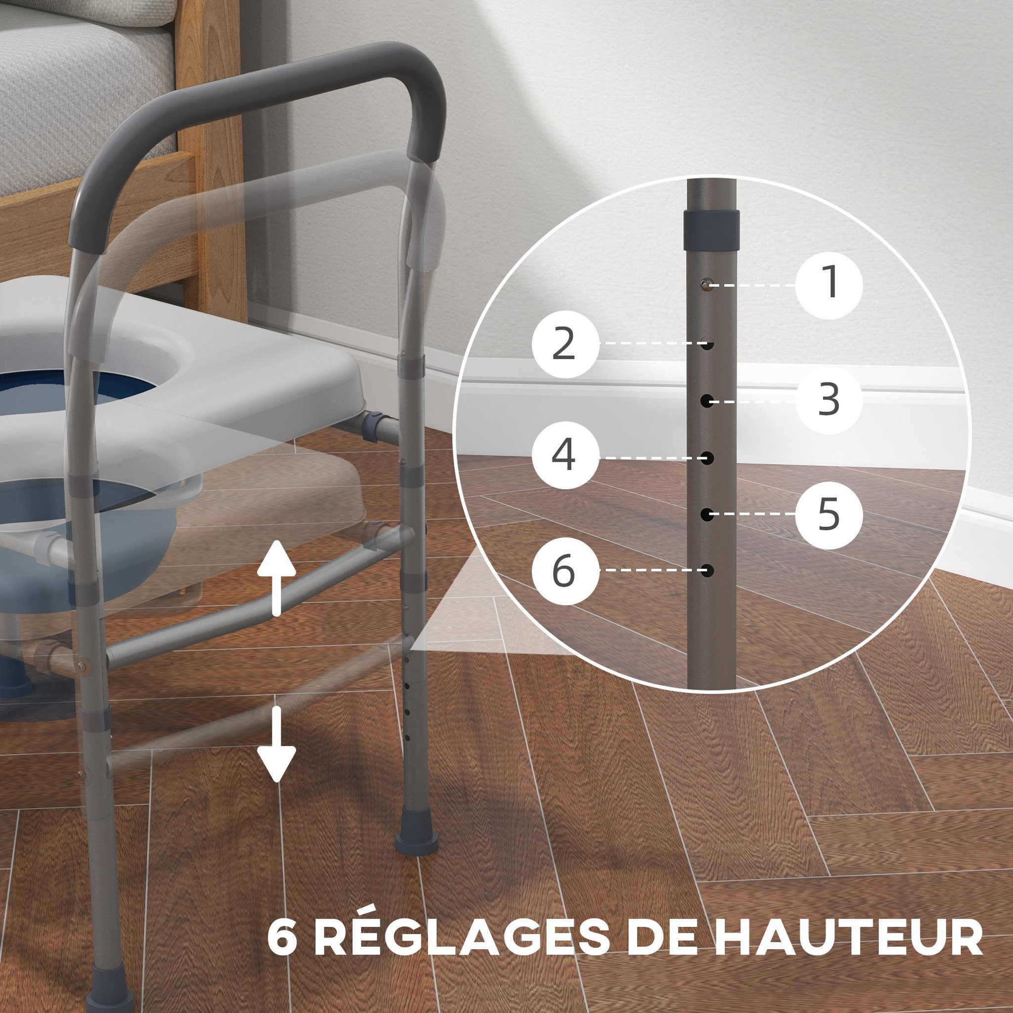 Voir la diapositive 4 : HOMCOM Chaise percée - Chaise de douche percée - hauteur réglable, seau amovible pliable - antidérapante - alu PVC gris