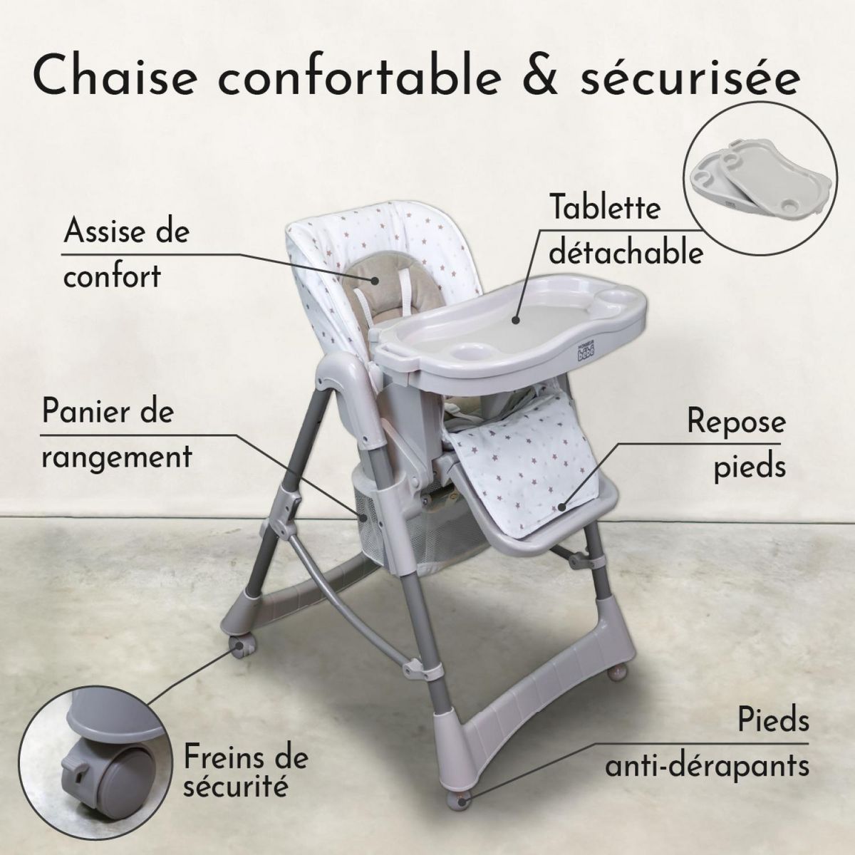 Monsieur Bébé Chaise haute bébé pliable réglable hauteur dossier tablette - Ptit