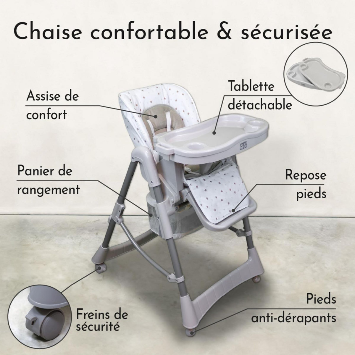 Monsieur Bébé Chaise haute bébé pliable réglable hauteur dossier tablette - Ptit