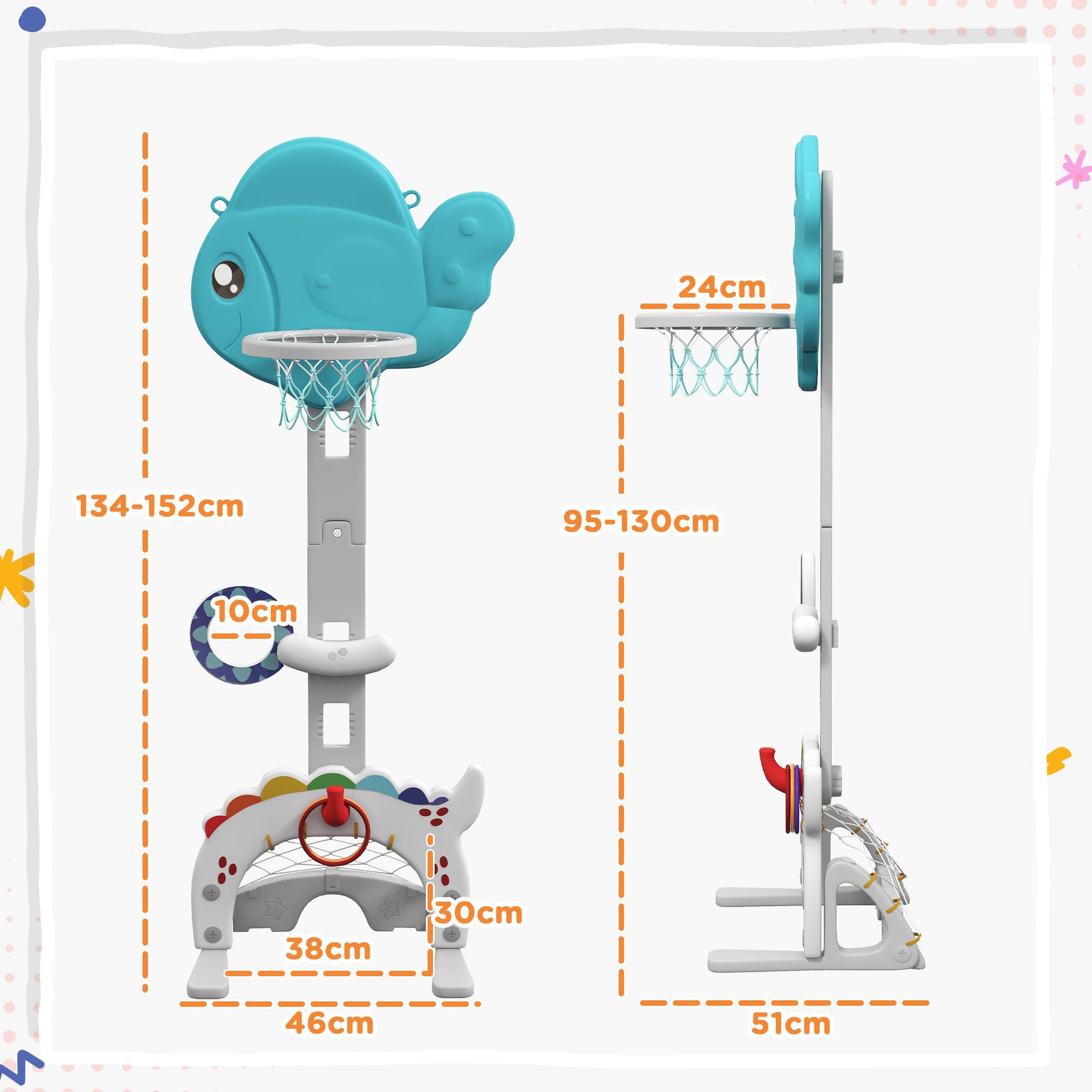 Voir la diapositive 3 : HOMCOM Panier de basketball enfant but de foot jeu de golf lancer d'anneaux et balle 5 en 1 hdpe bleu blanc gris