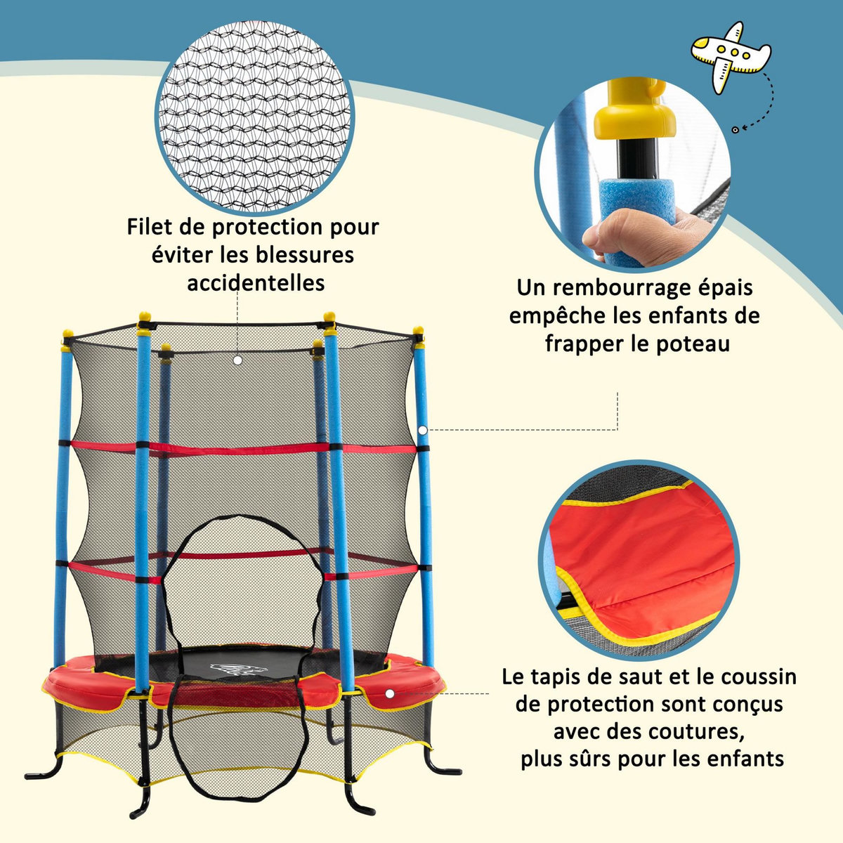 HOMCOM Trampoline de jardin enfant Ø 1,65 × 1,62H m filet de sécurité porte zipée couvre-ressorts + 6 poteaux rembourrés inclus rouge bleu noir