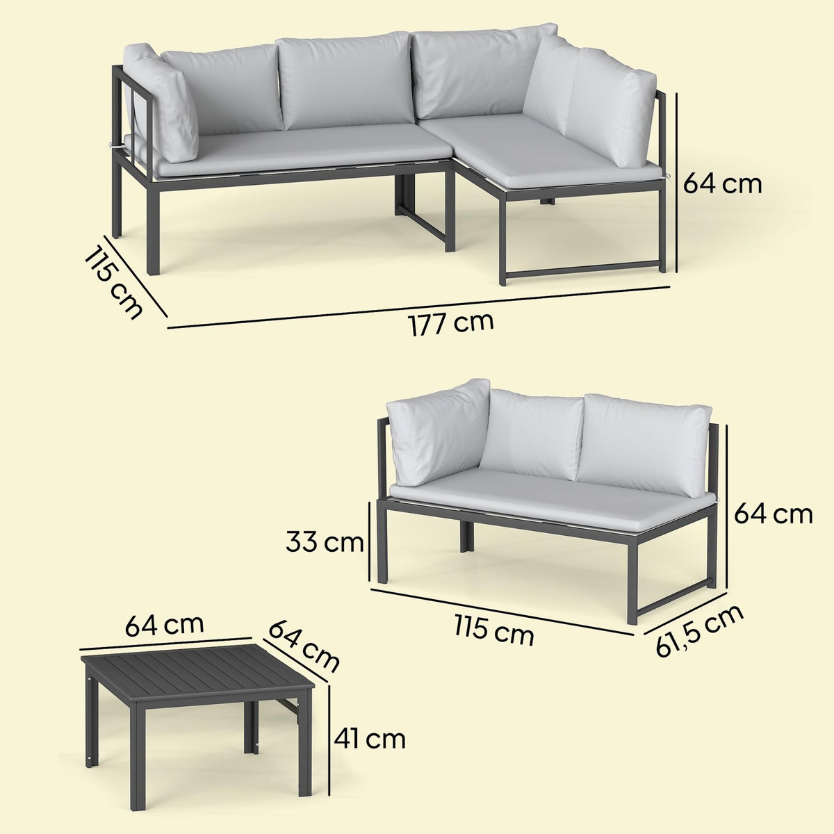 OUTSUNNY Salon de jardin d'angle design 3 places 3 pièces avec coussins gris