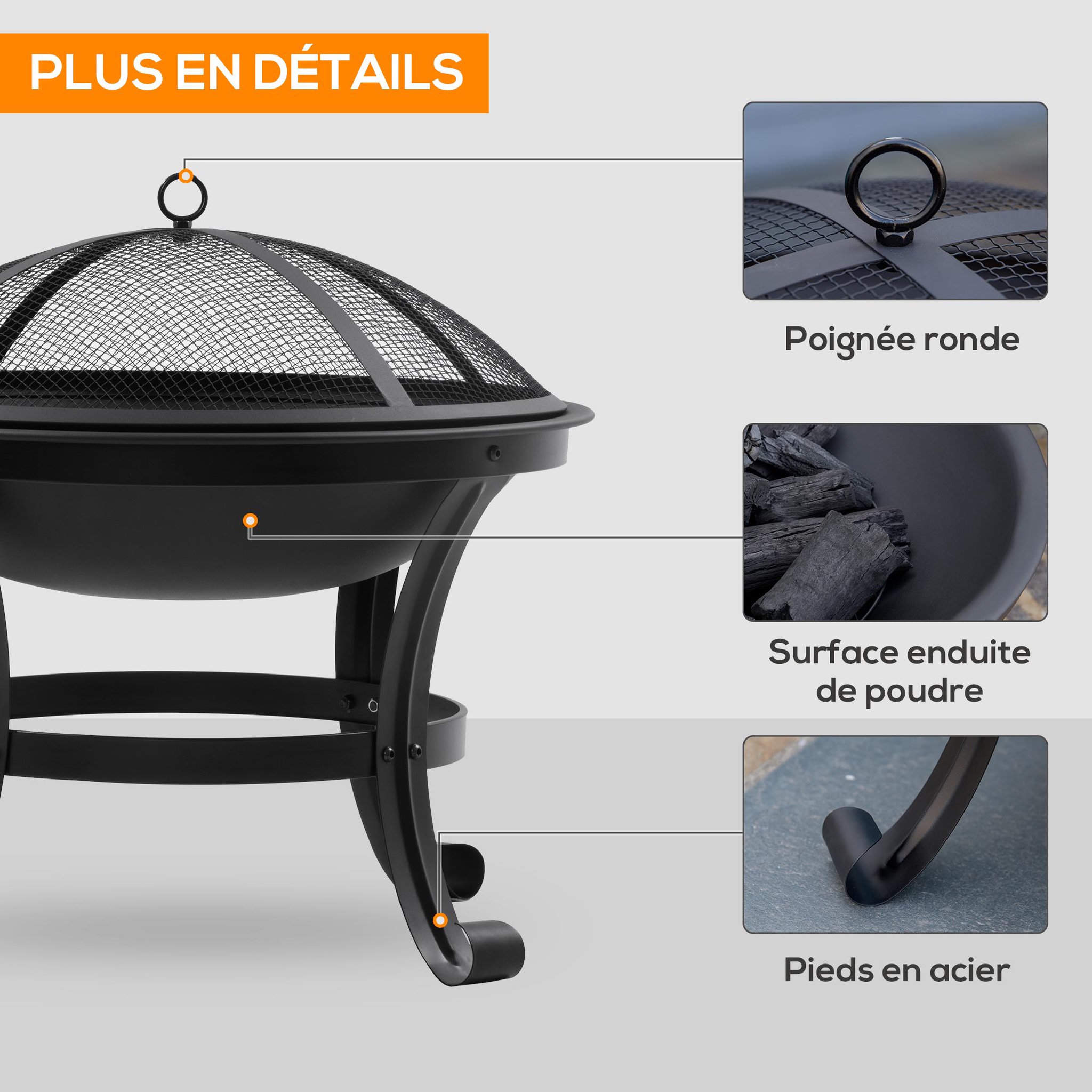 Voir la diapositive 4 : OUTSUNNY Brasero boule de feu cheminée foyer extérieur Ø 55 x 50H cm grille à charbon couvercle tisonnier acier noir