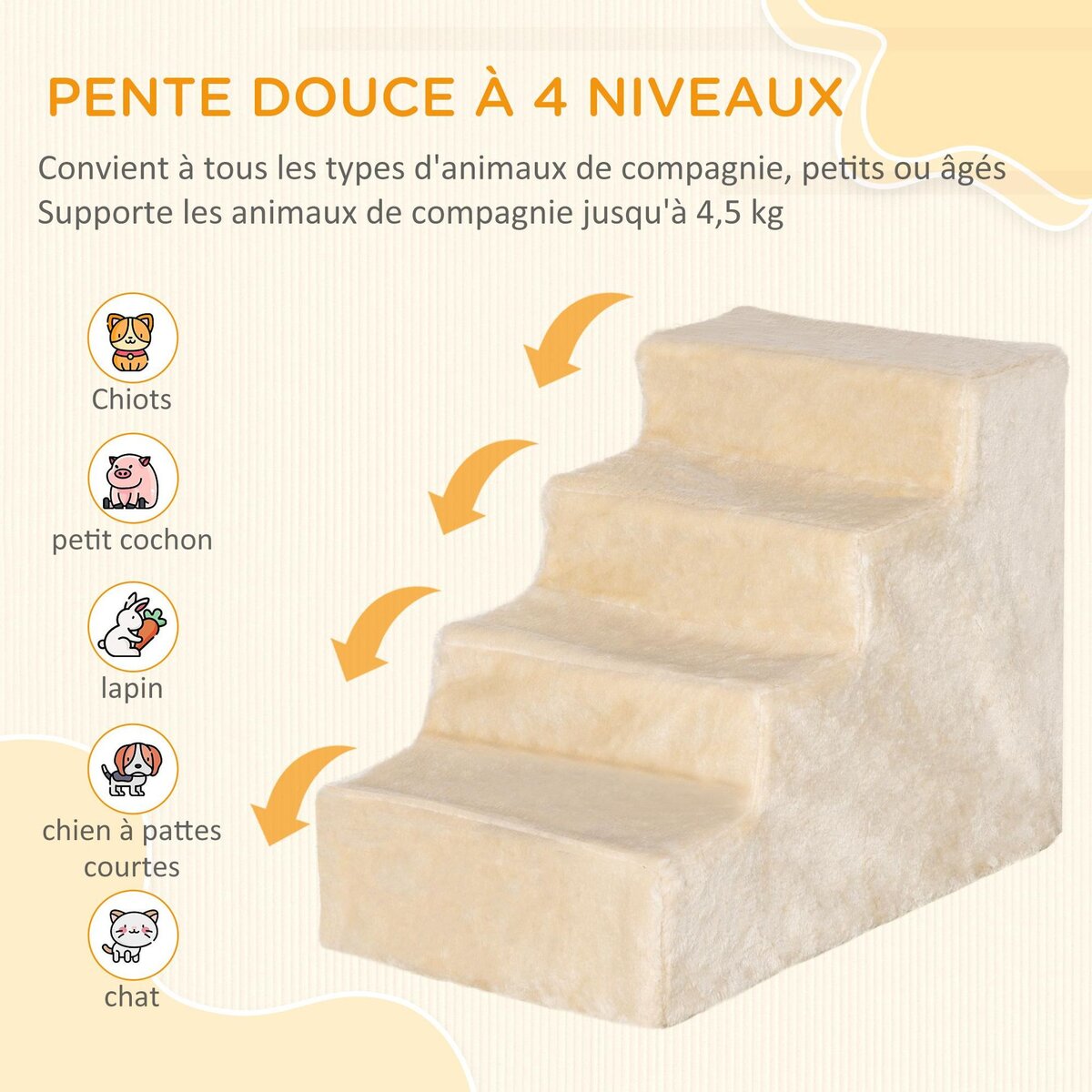 PAWHUT Escalier pour chat - escalier pour chien - 4 marches - revêtement flanelle grande douceur haute densité - structure panneaux particules - gris