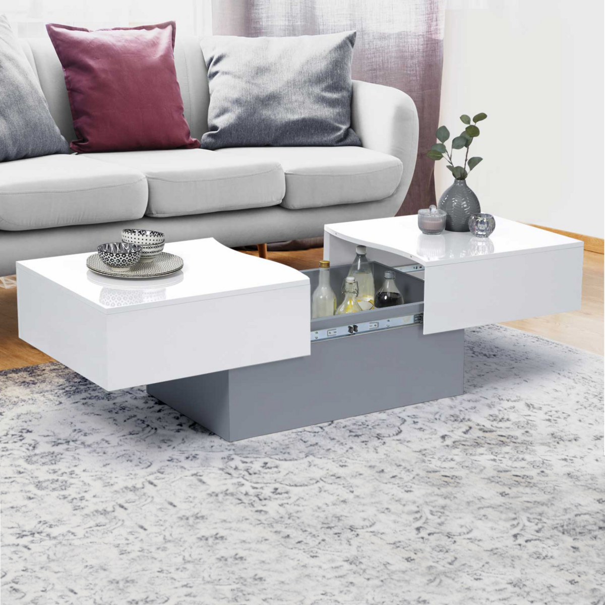 ID MARKET Table basse coulissante rectangulaire MARTA bois gris et plateau blanc