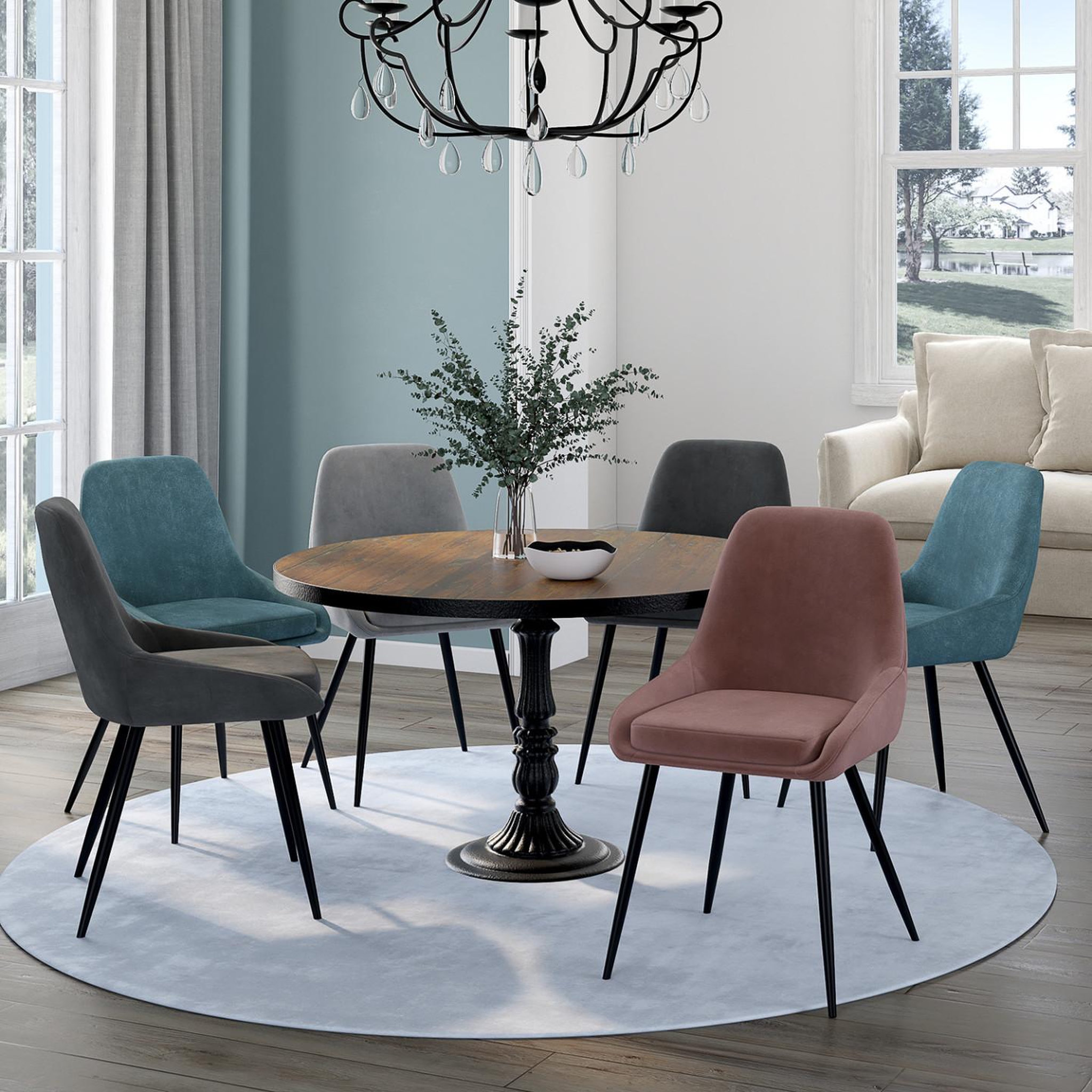 Voir la diapositive 2 : ID MARKET Lot de 6 chaises thalya en velours mix color pastel bleu x2, gris foncé x2, gris clair, rose avec accoudoirs