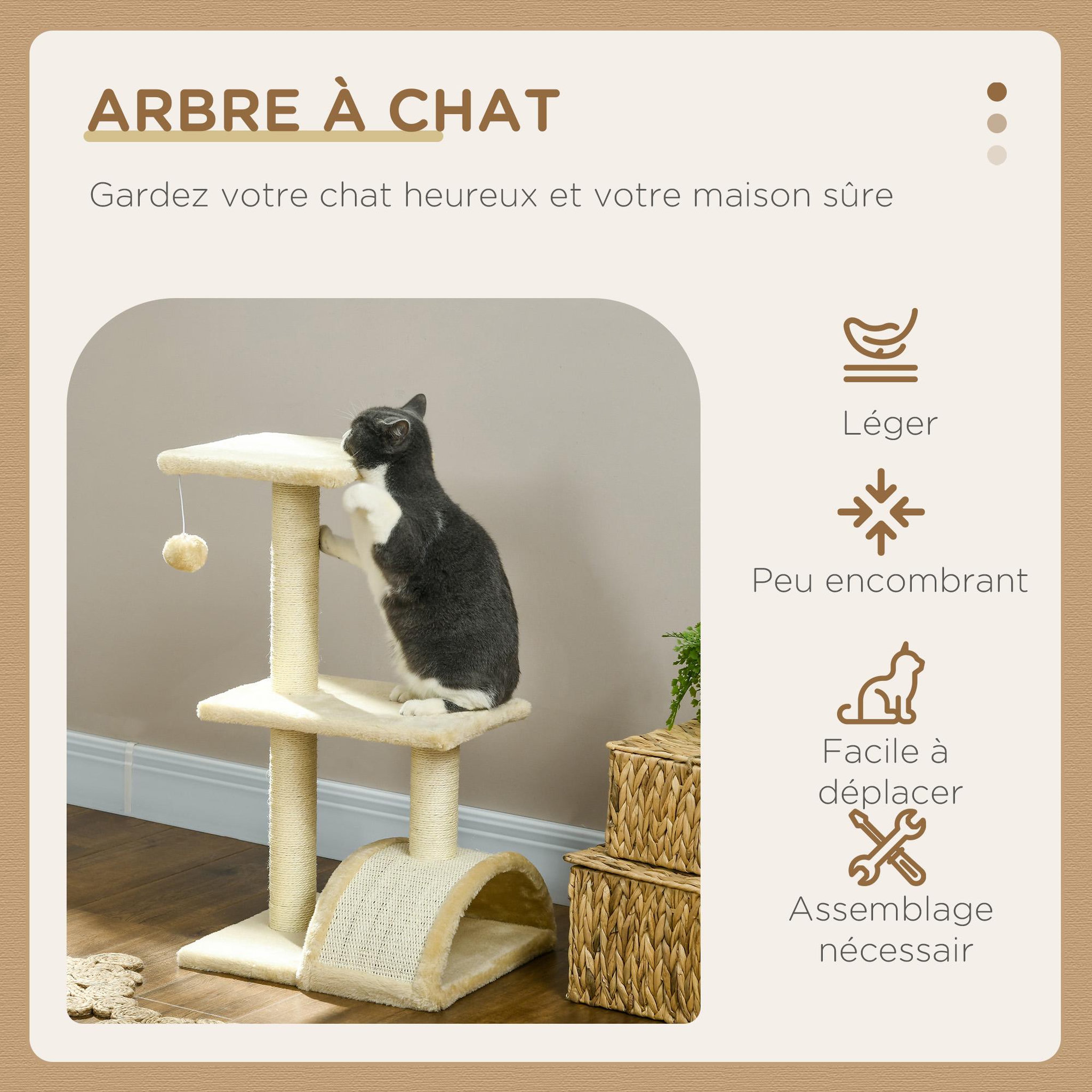 Voir la diapositive 5 : PAWHUT Arbre à chat griffoir grattoir design jeu boule suspendue 2 plateformes peluche sisal naturel crème