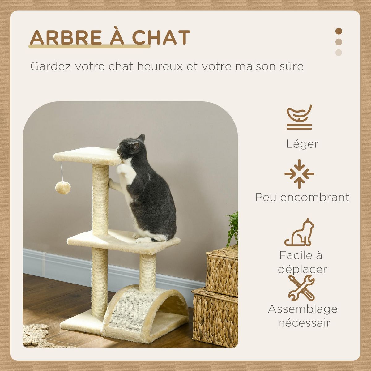 PAWHUT Arbre à chat griffoir grattoir design jeu boule suspendue 2 plateformes peluche sisal naturel crème