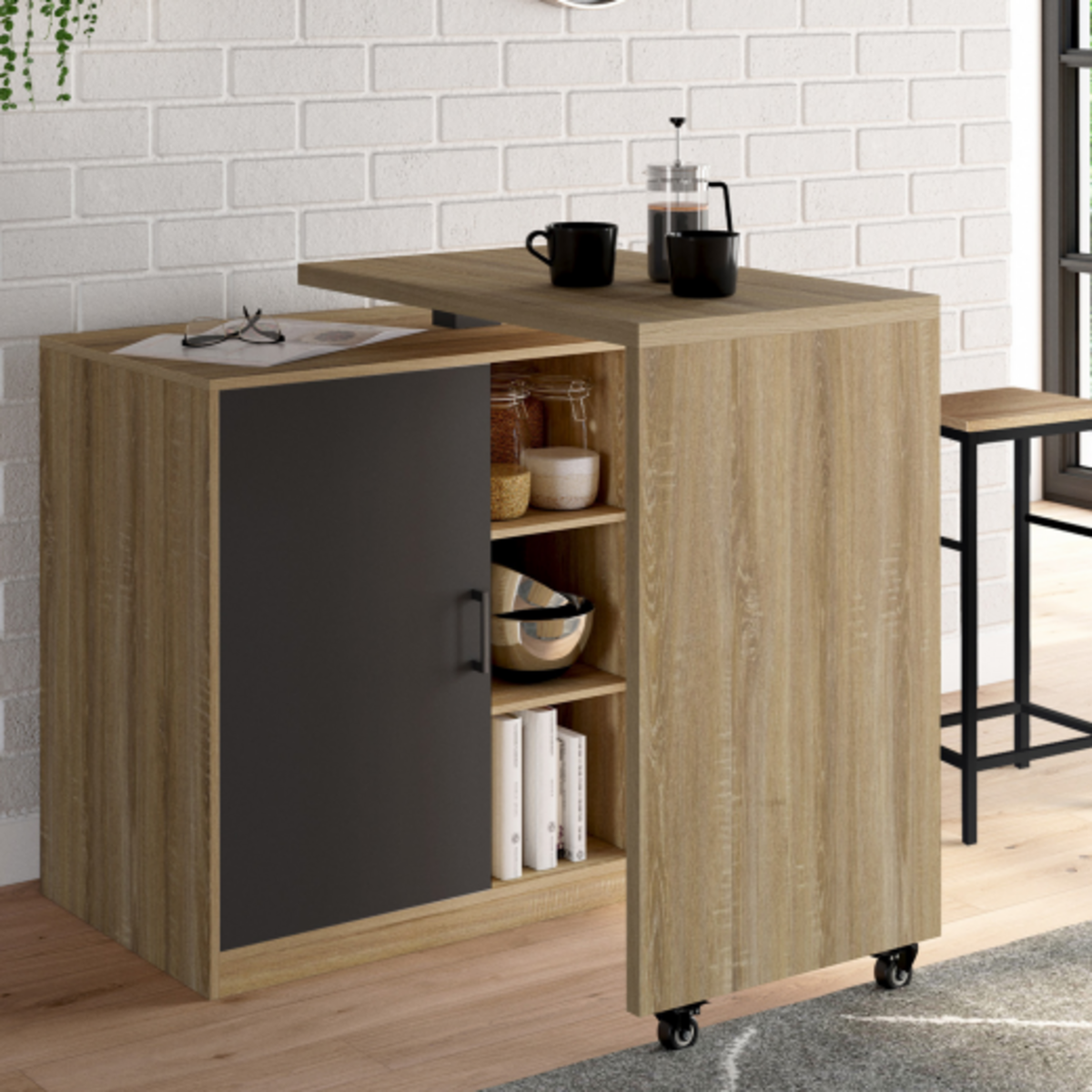 ID MARKET Ilot rotatif POLO meuble de bar pivotant 2 en 1 imitation hêtre porte noire