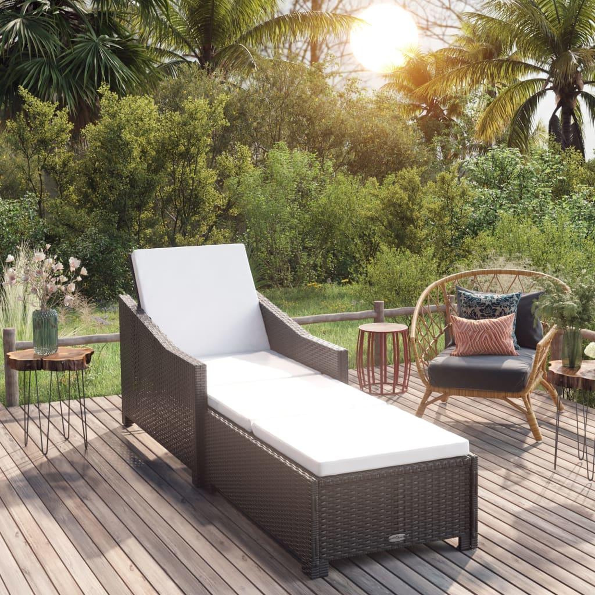 VIDAXL Chaise longue avec coussin blanc creme Resine tressee Noir