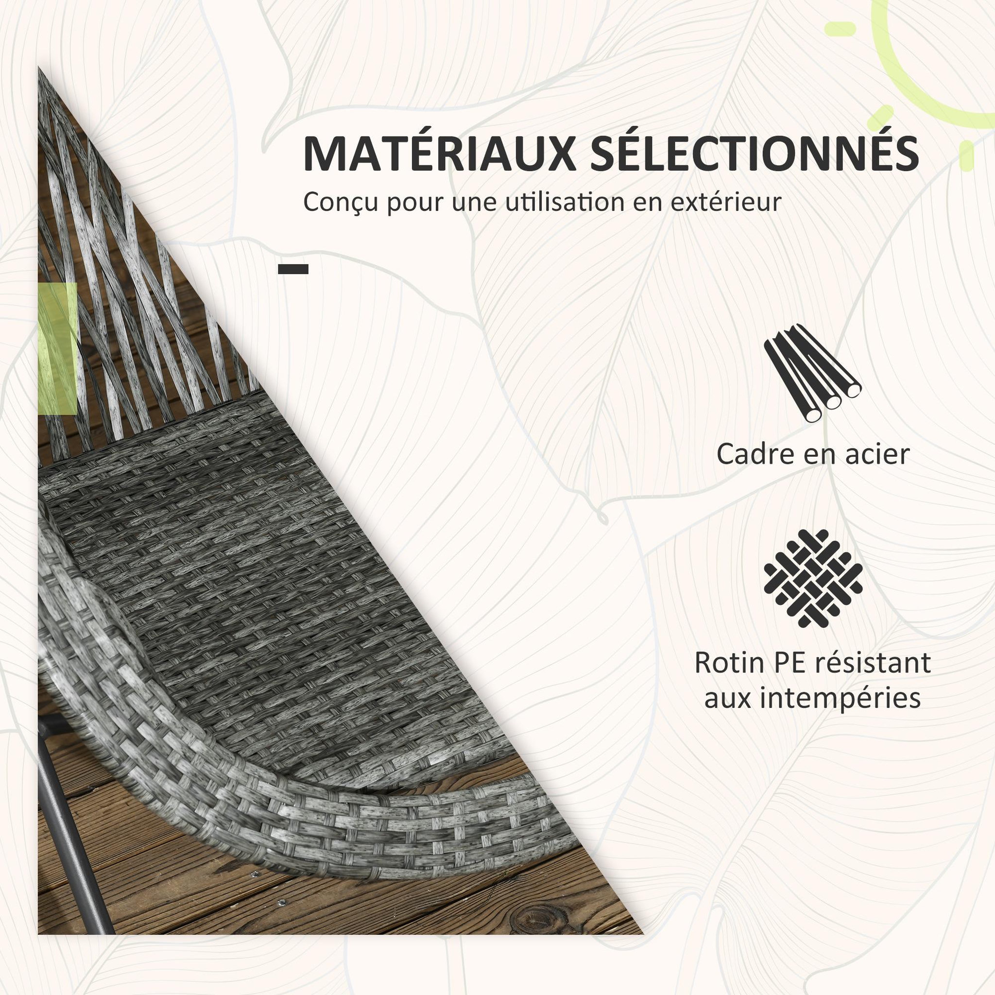 Voir la diapositive 5 : OUTSUNNY Ensemble bistro de jardin style acapulco 3 pcs pliables - 2 fauteuils, table basse - acier résine tressée gris