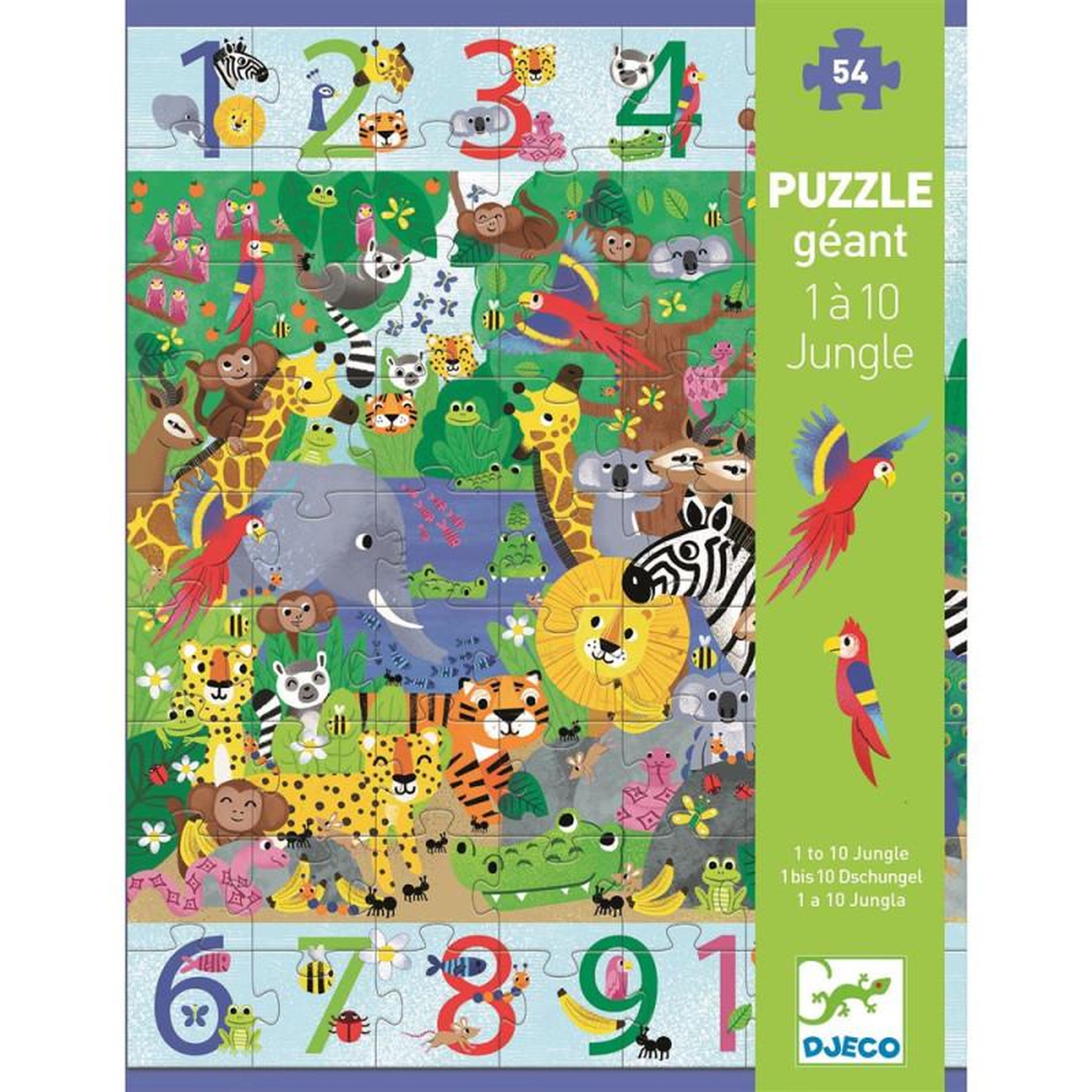 Voir la diapositive 1 : Djeco Puzzle éducatif enfant 54 pièces Jungle apprentissage chiffres 1 à 10 – Djeco