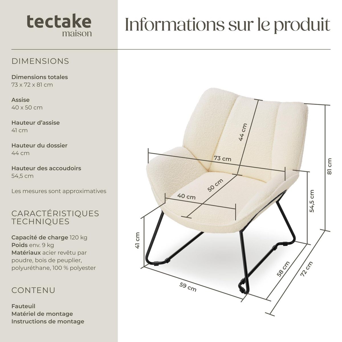 tectake Fauteuil rembourré avec revêtement bouclé crème-blanc