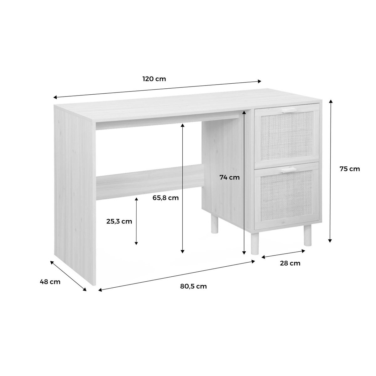 SWEEEK Bureau décor bois et cannage - Camargue - 120cm. 2 tiroirs