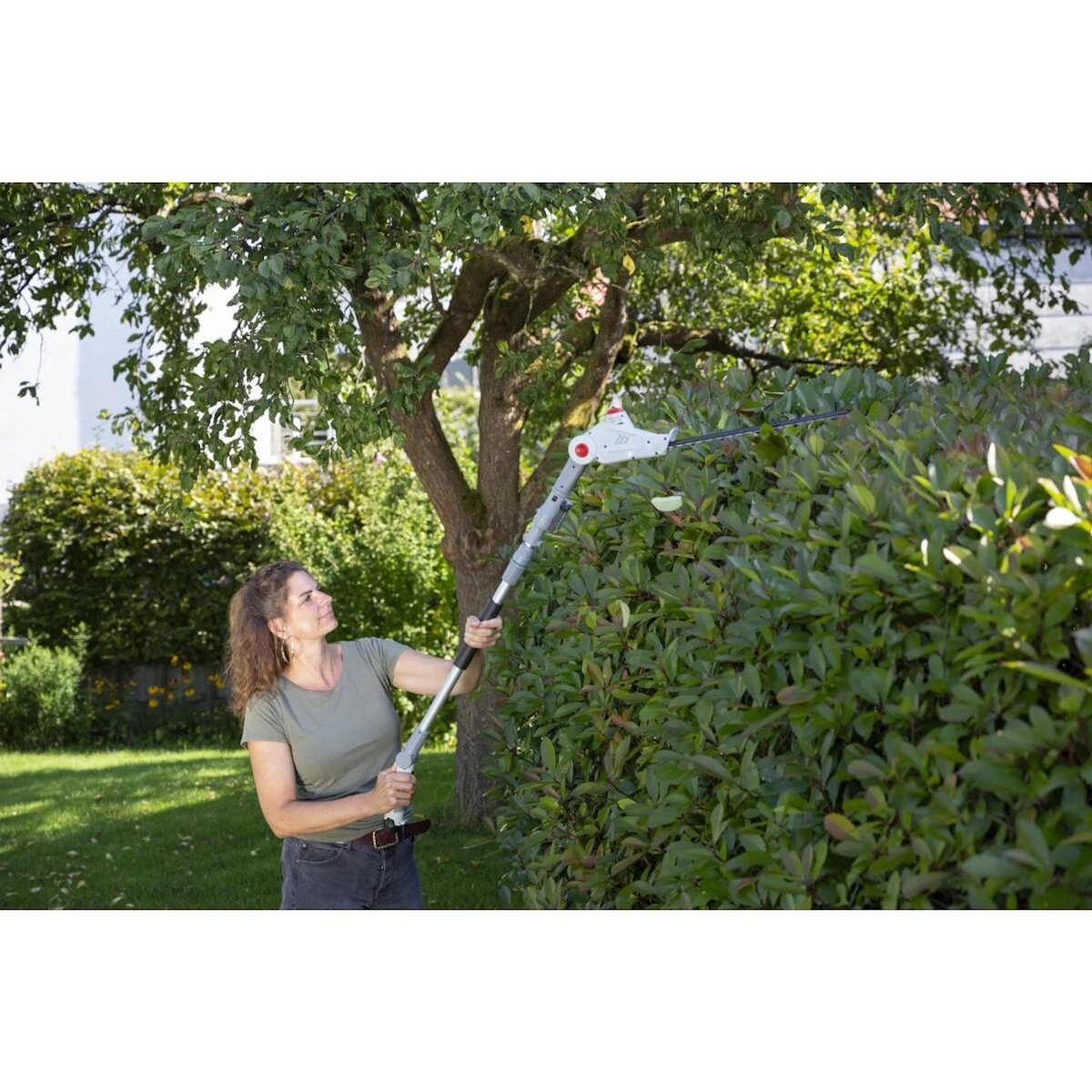 Ikra Taille Haie sur perche télescopique 12V - Lame de 41cm -Batterie Lithium 2,5Ah - Chargeur 12V - Sangle d'épaule IKRA