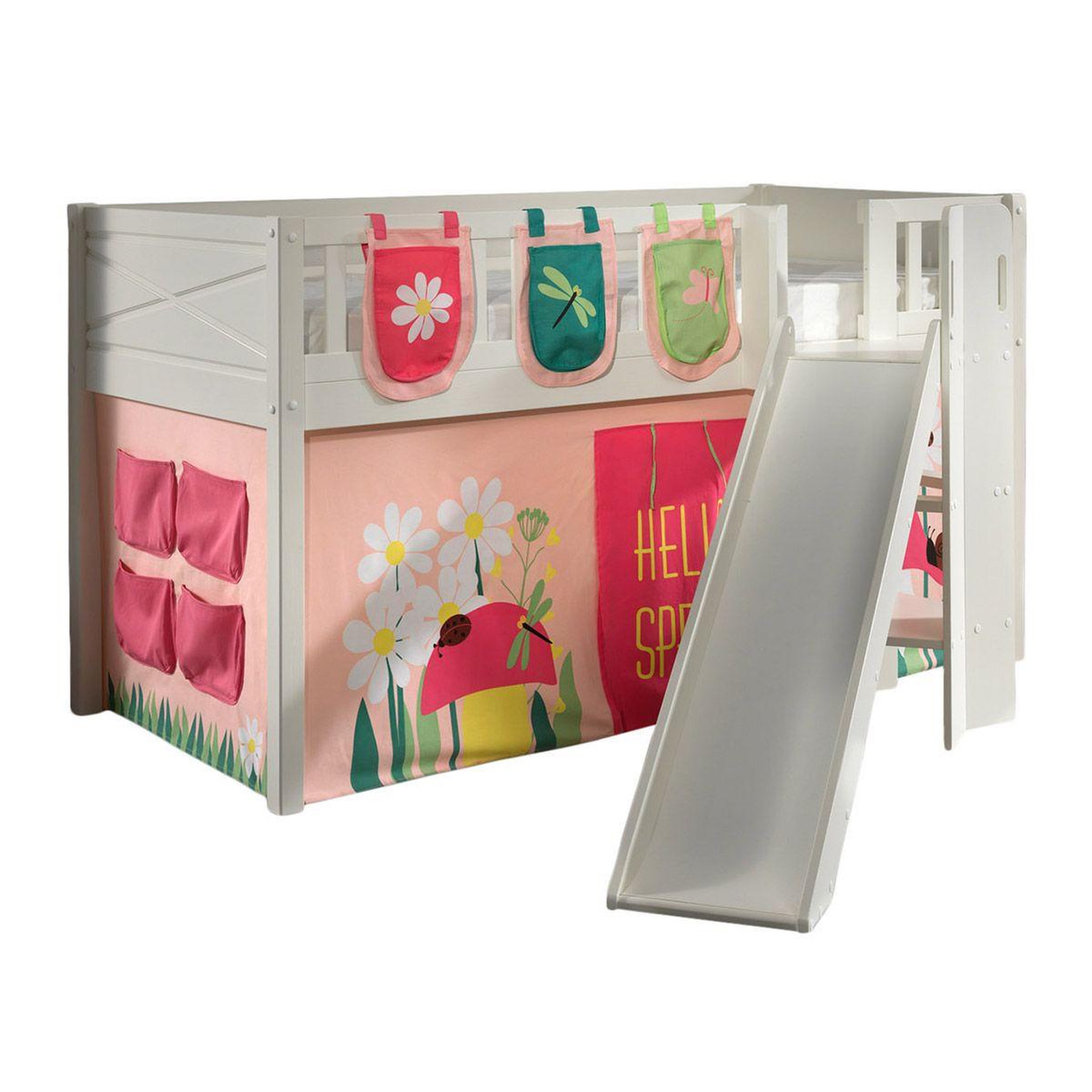 Paris Prix Lit enfant toboggan, tente & 3 pochettes  scott spring  90x200cm blanc