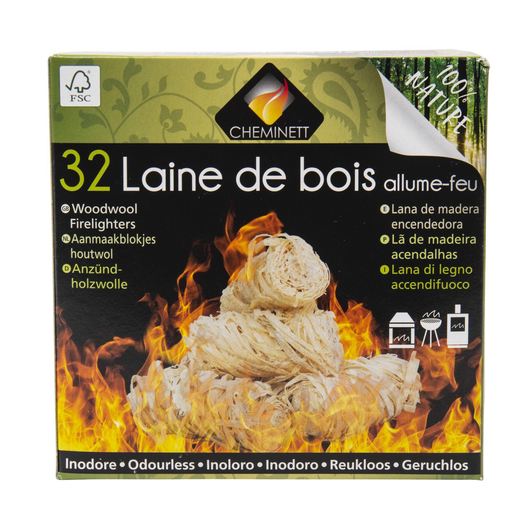 Voir la diapositive 2 : PYROFEU Allume feu laine de bois 100 % végétal  32 pcs