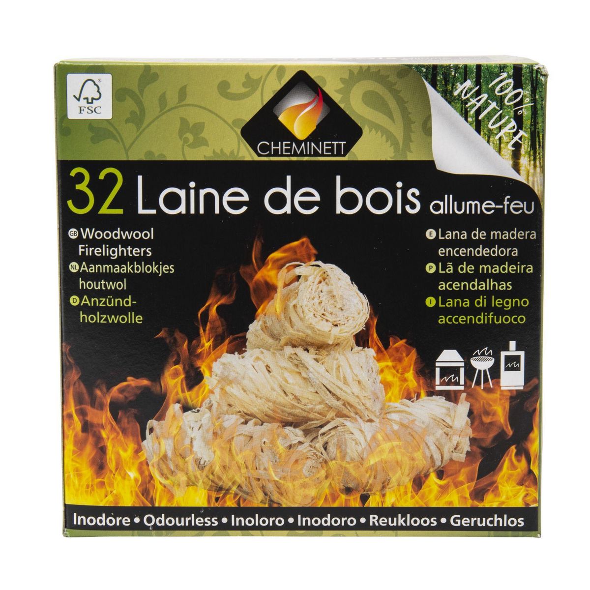 PYROFEU Allume feu laine de bois 100 % végétal  32 pcs