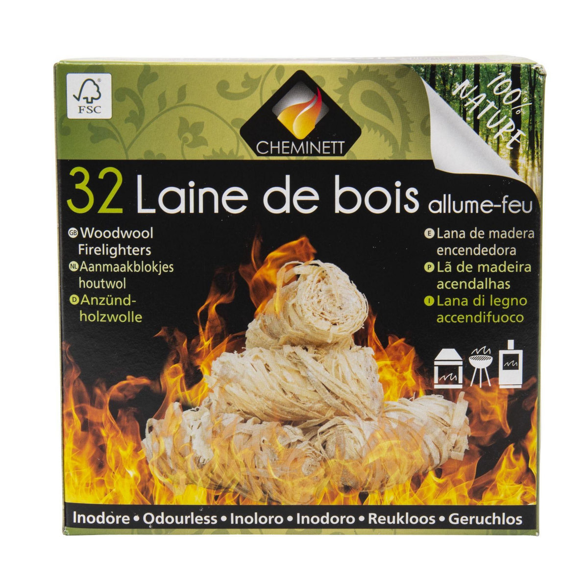 PYROFEU Allume feu laine de bois 100 % végétal  32 pcs