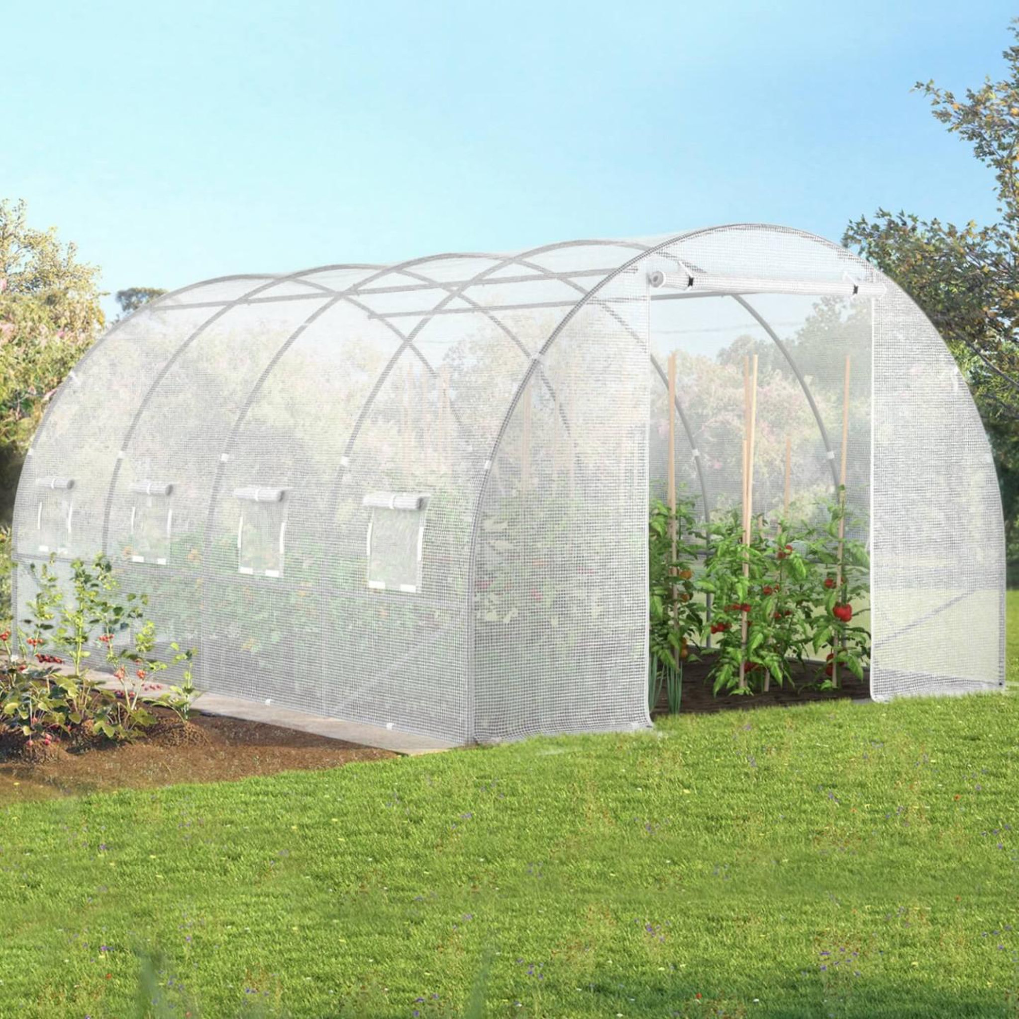 Voir la diapositive 2 : ID MARKET Serre de jardin tunnel 12m² 4 x 3 x 2 m acier galvanisé + bâche anti-uv avec porte et fenêtres zebra blanche
