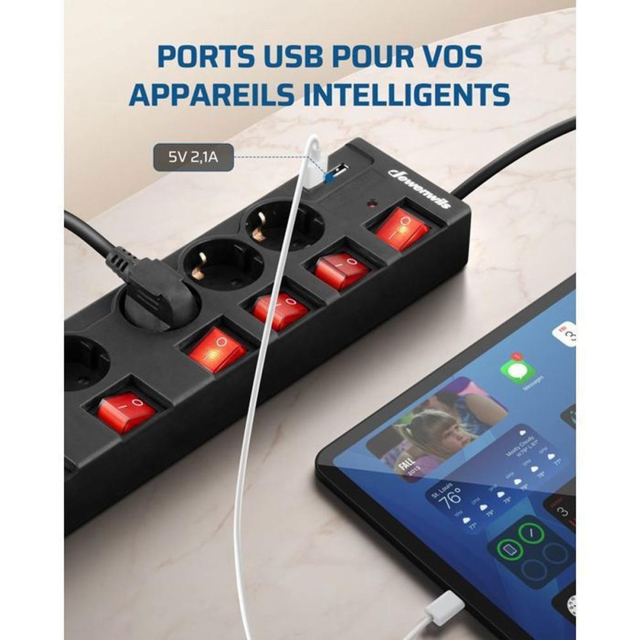 Voir la diapositive 3 : Multiprise parafoudre 6 prises Schuko avec 2 ports USB et interrupteurs individuels, câble 5 m, 3680 W, noir