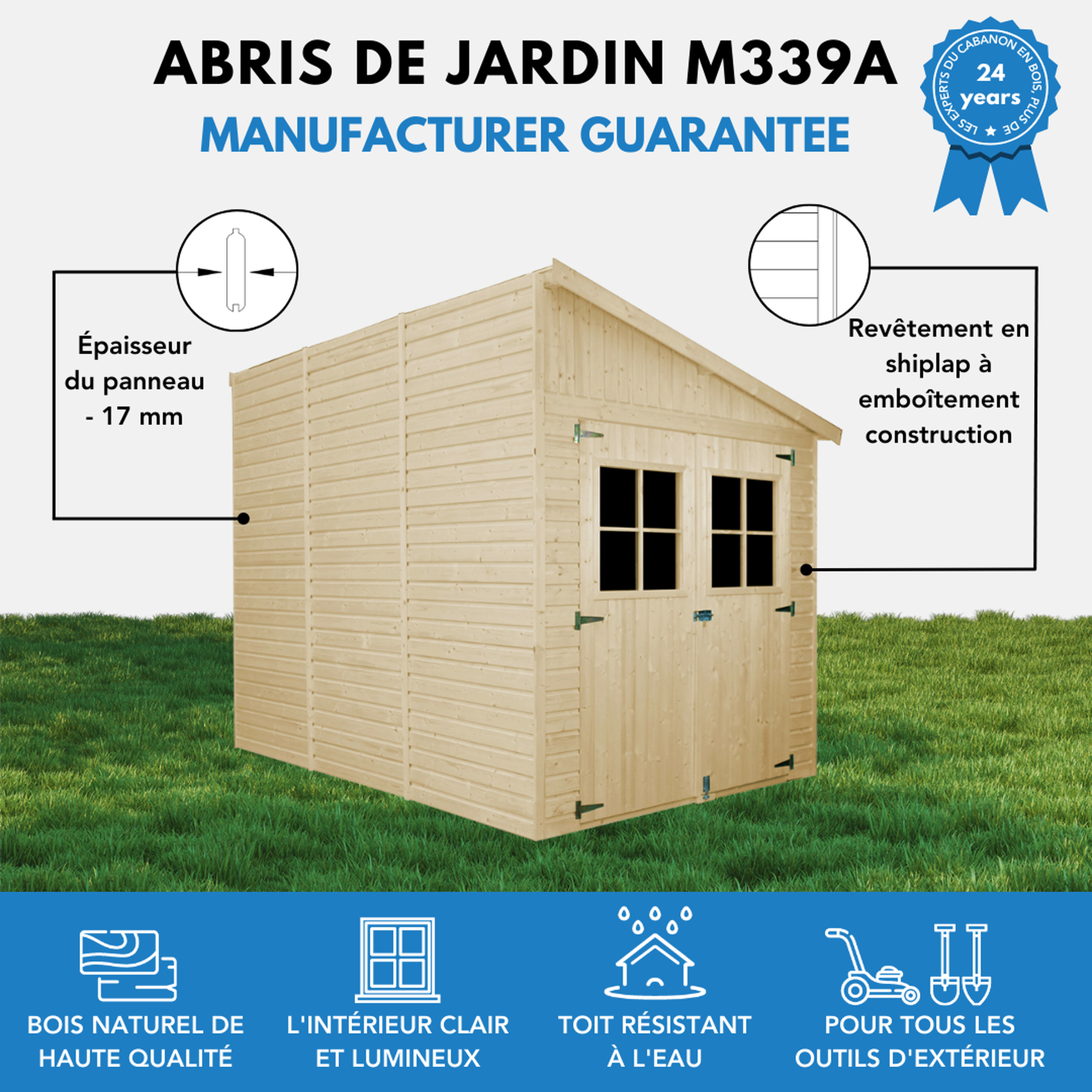 Voir la diapositive 6 : TIMBELA Abri de Jardin en Bois avec paroi latérale avec les planchers imprégné - 6 m2 M339A+M339G