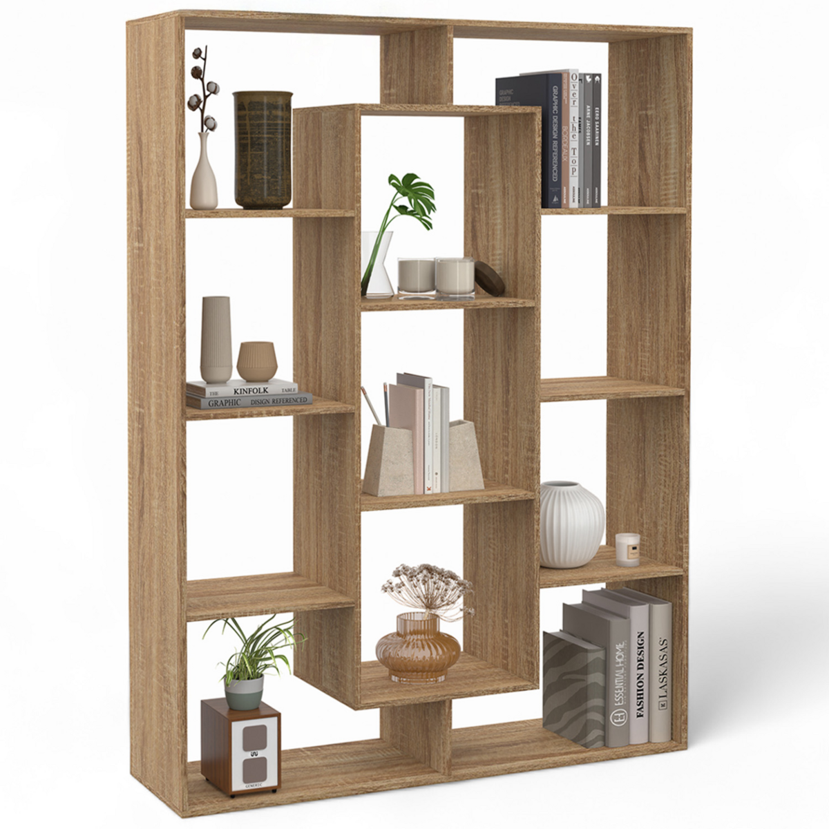 ID MARKET Etagère bibliothèque COLETTE avec 11 compartiments effet bois H.143 cm