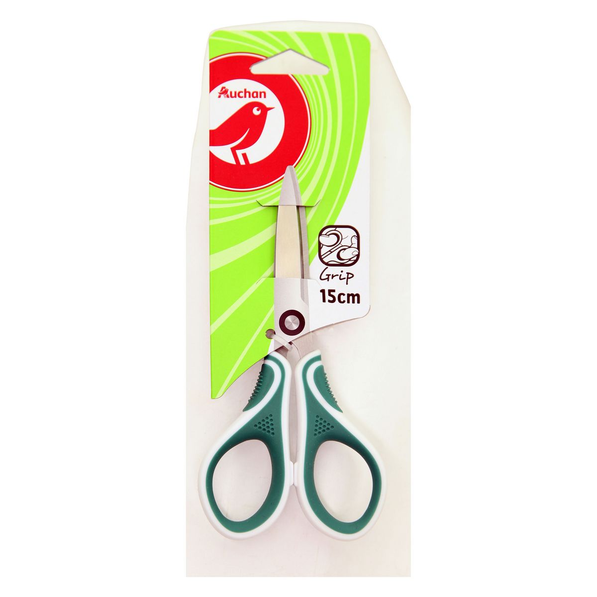 AUCHAN Paire de ciseaux à bouts pointus 15cm bi matière blanc et vert