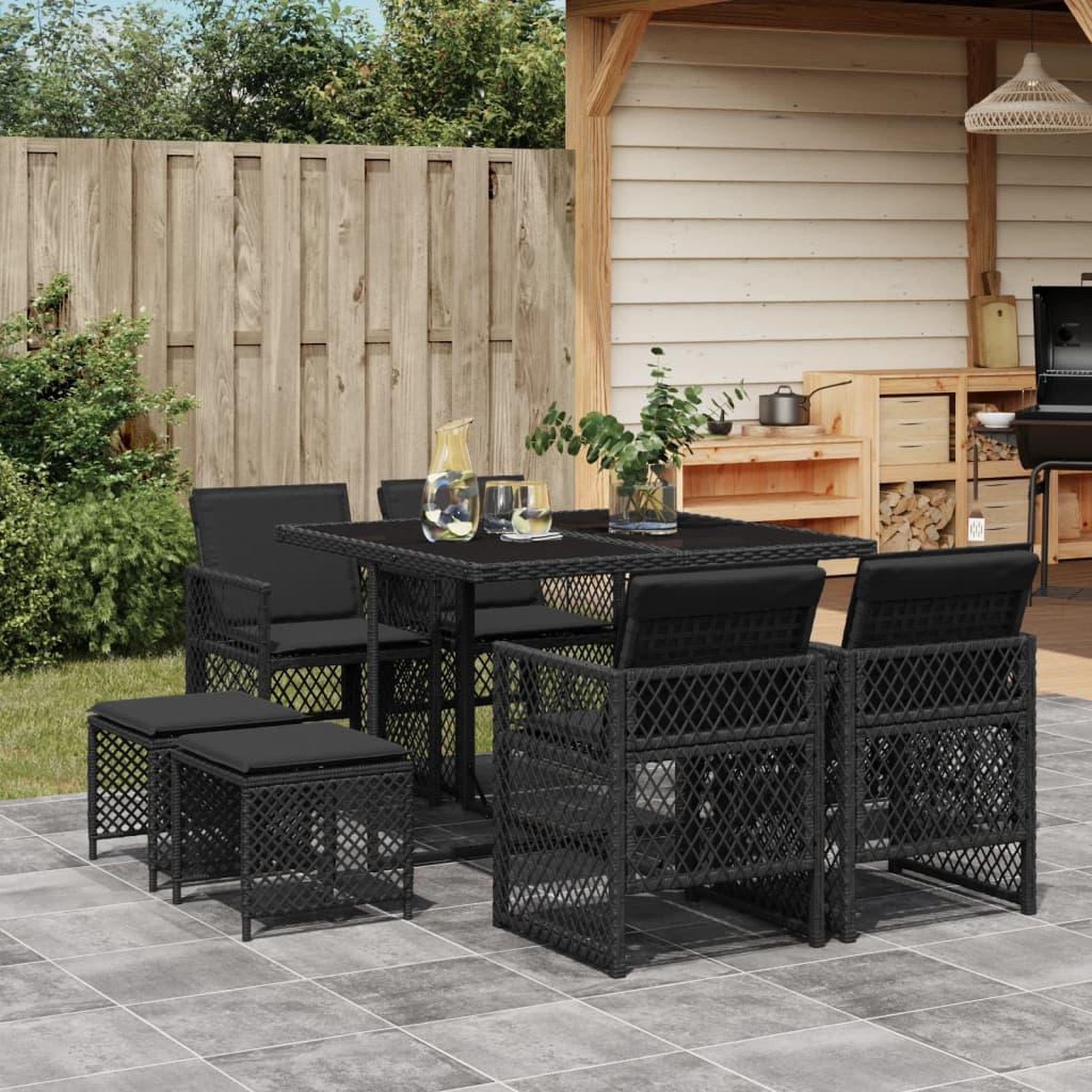 VIDAXL Ensemble a manger de jardin 9pcs coussins noir resine tressee